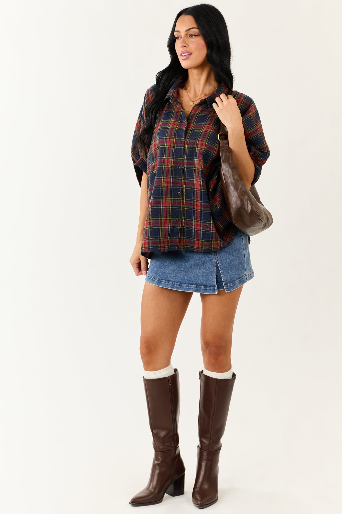 Navy Blue Plaid Button Up Dolman Sleeve Top