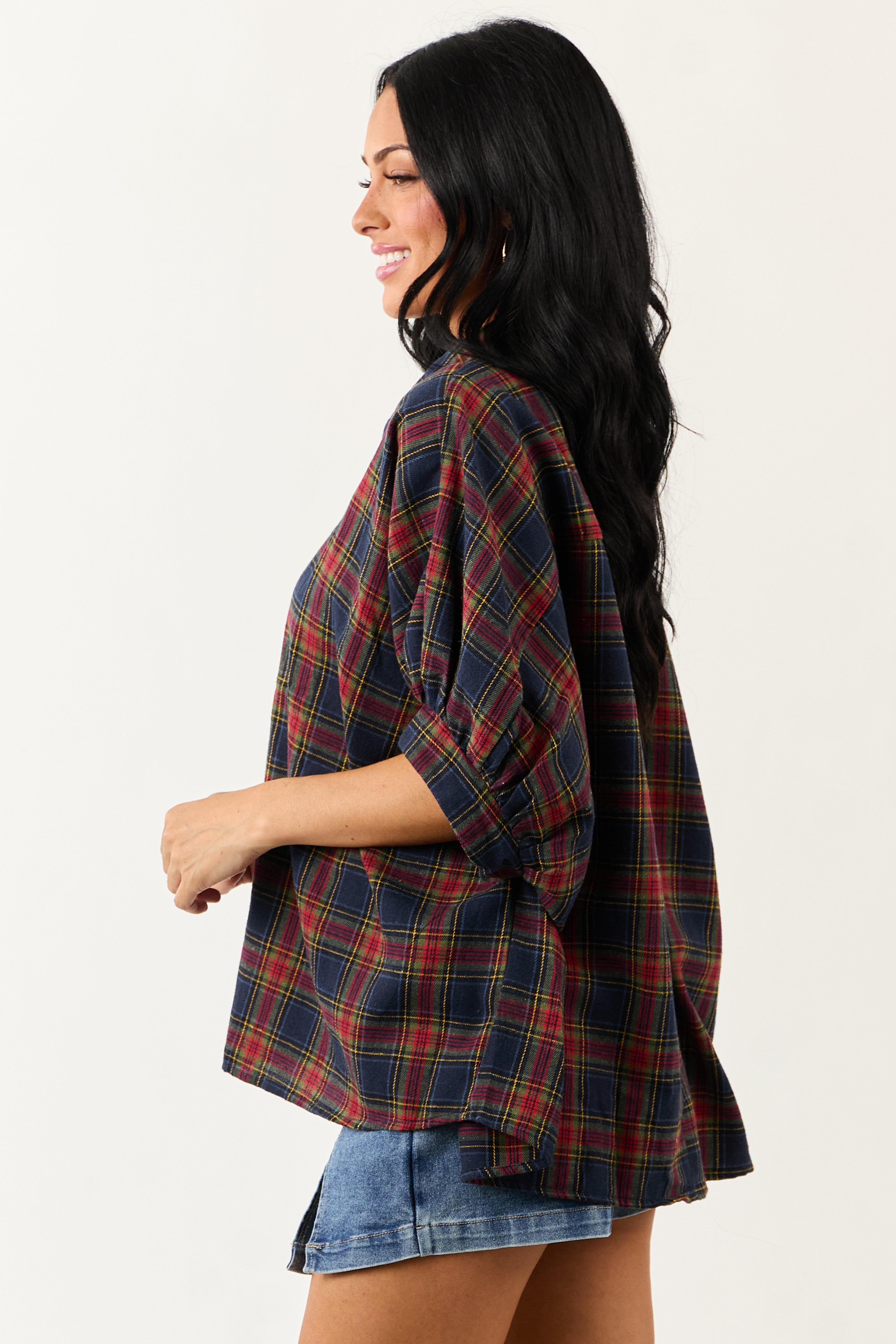 Navy Blue Plaid Button Up Dolman Sleeve Top