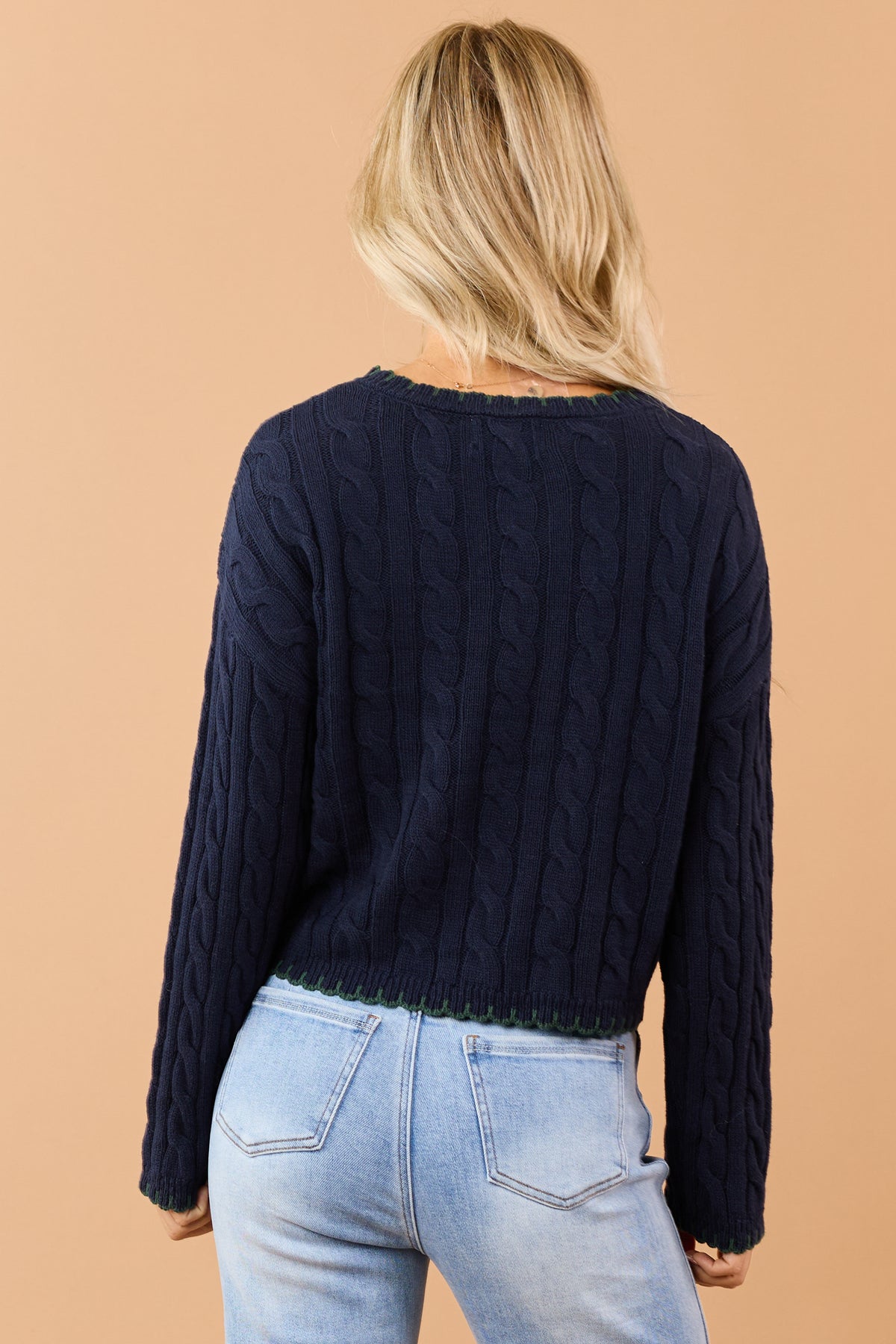 Navy Blue Reindeer Logo Cable Knit Cardigan