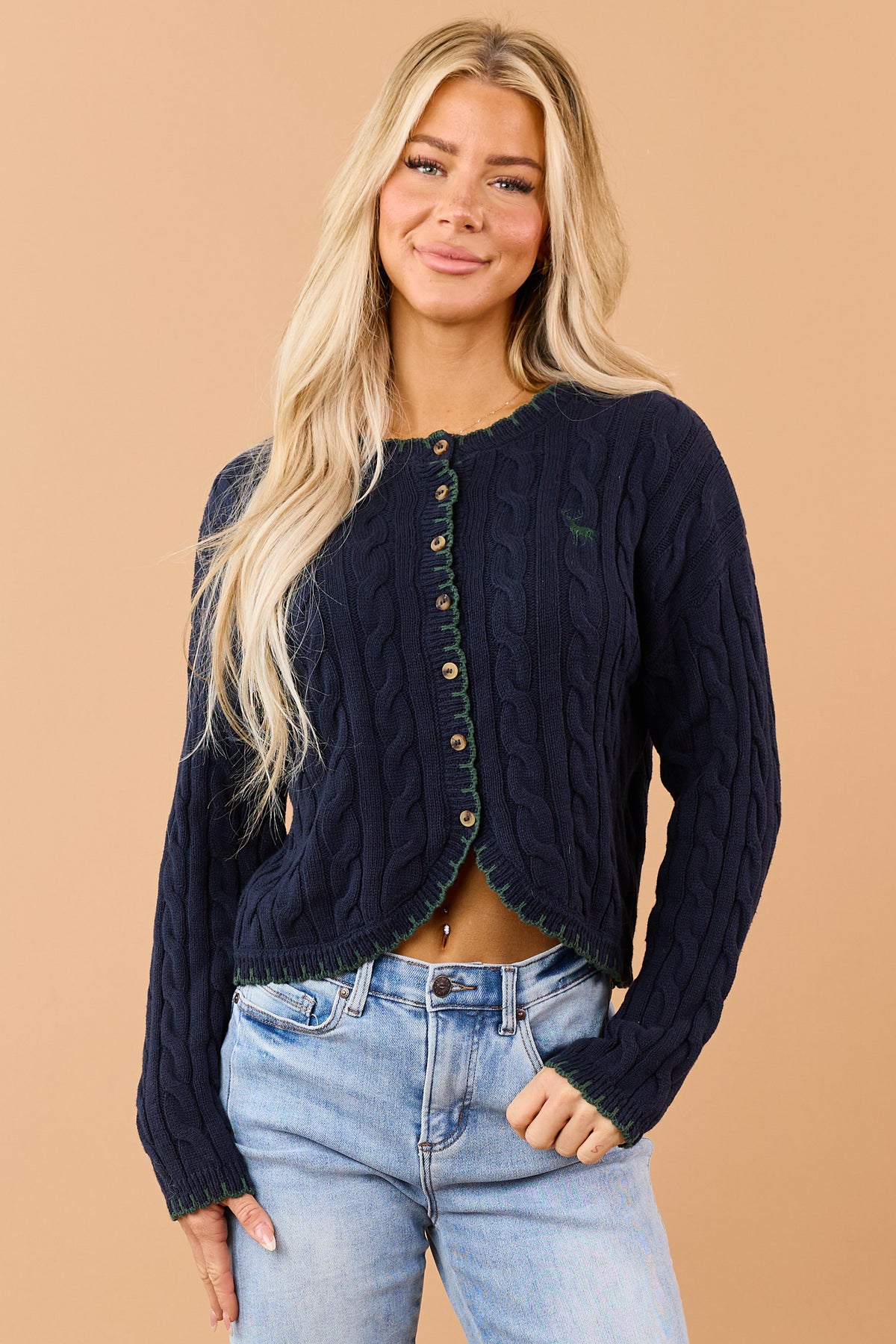 Navy Blue Reindeer Logo Cable Knit Cardigan