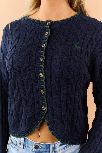 Navy Blue Reindeer Logo Cable Knit Cardigan