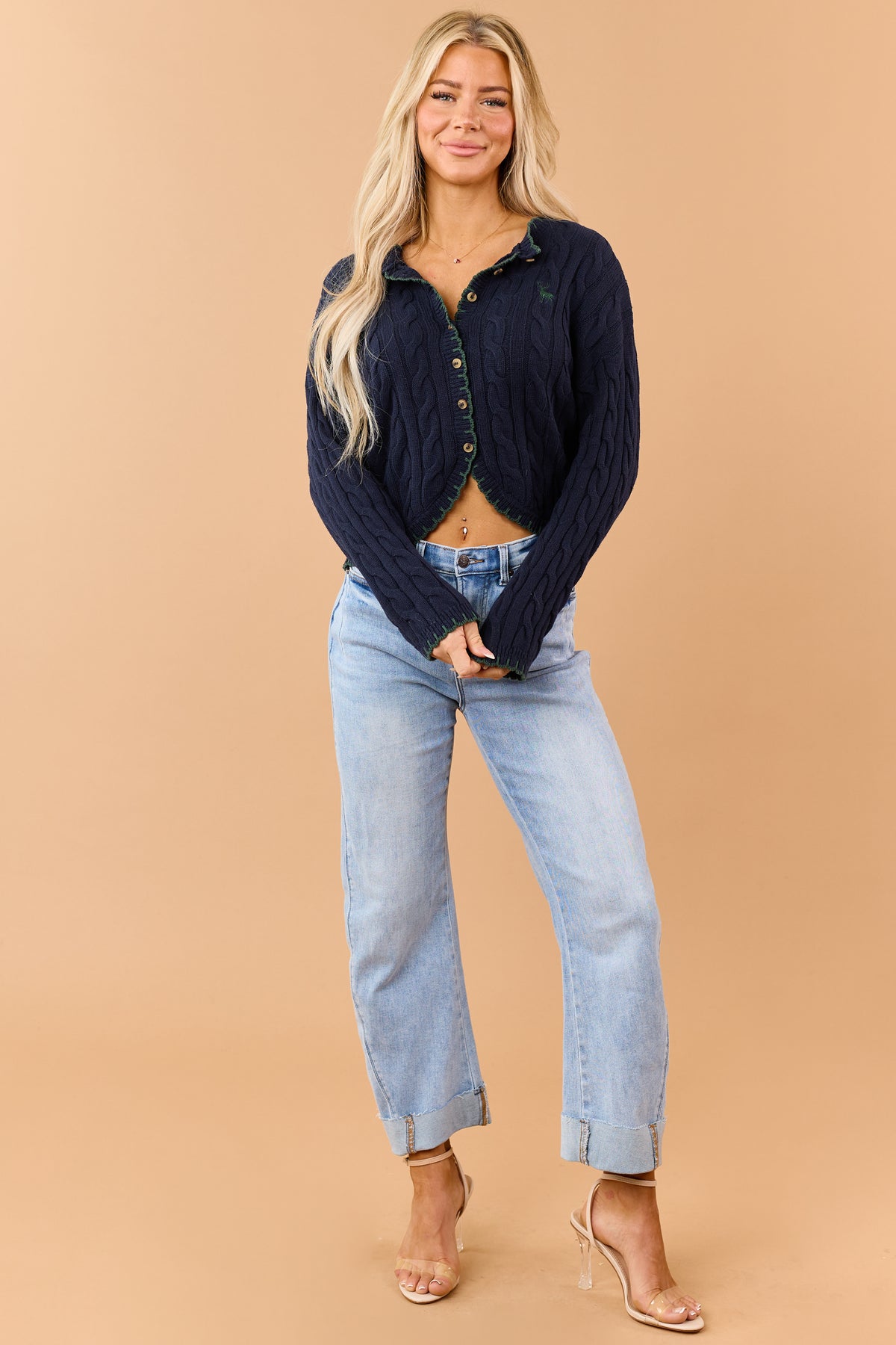 Navy Blue Reindeer Logo Cable Knit Cardigan