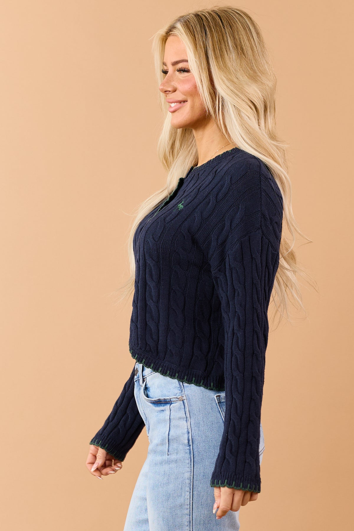 Navy Blue Reindeer Logo Cable Knit Cardigan