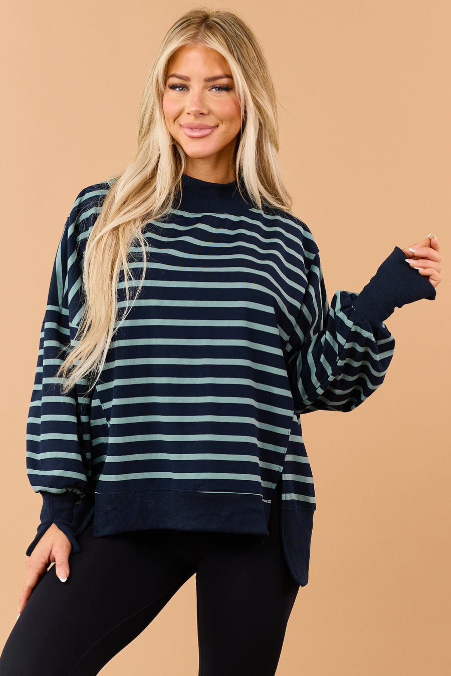 Navy Blue Striped Mock Neck Sweatshirt Top