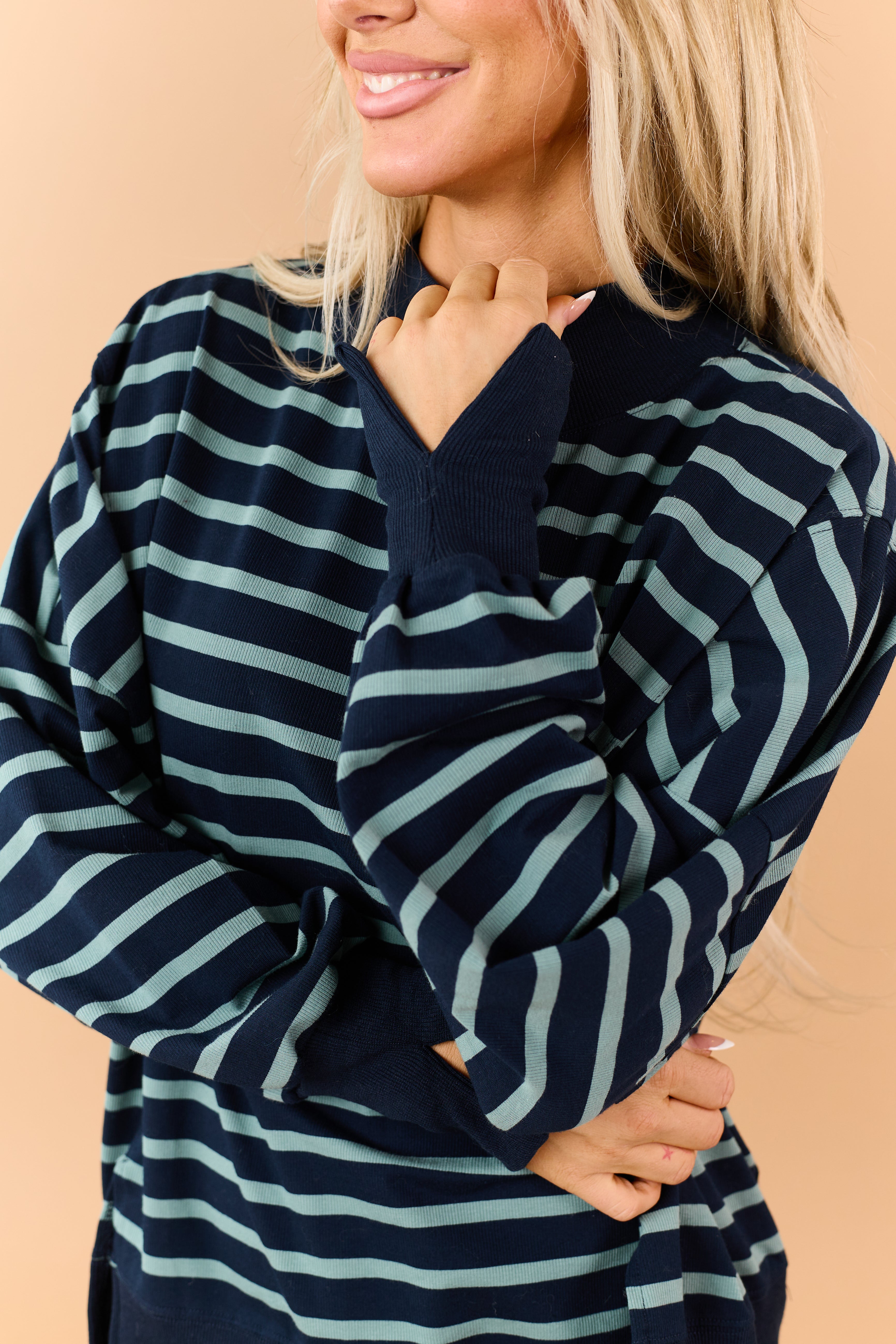 Navy Blue Striped Mock Neck Sweatshirt Top | Lime Lush Boutique