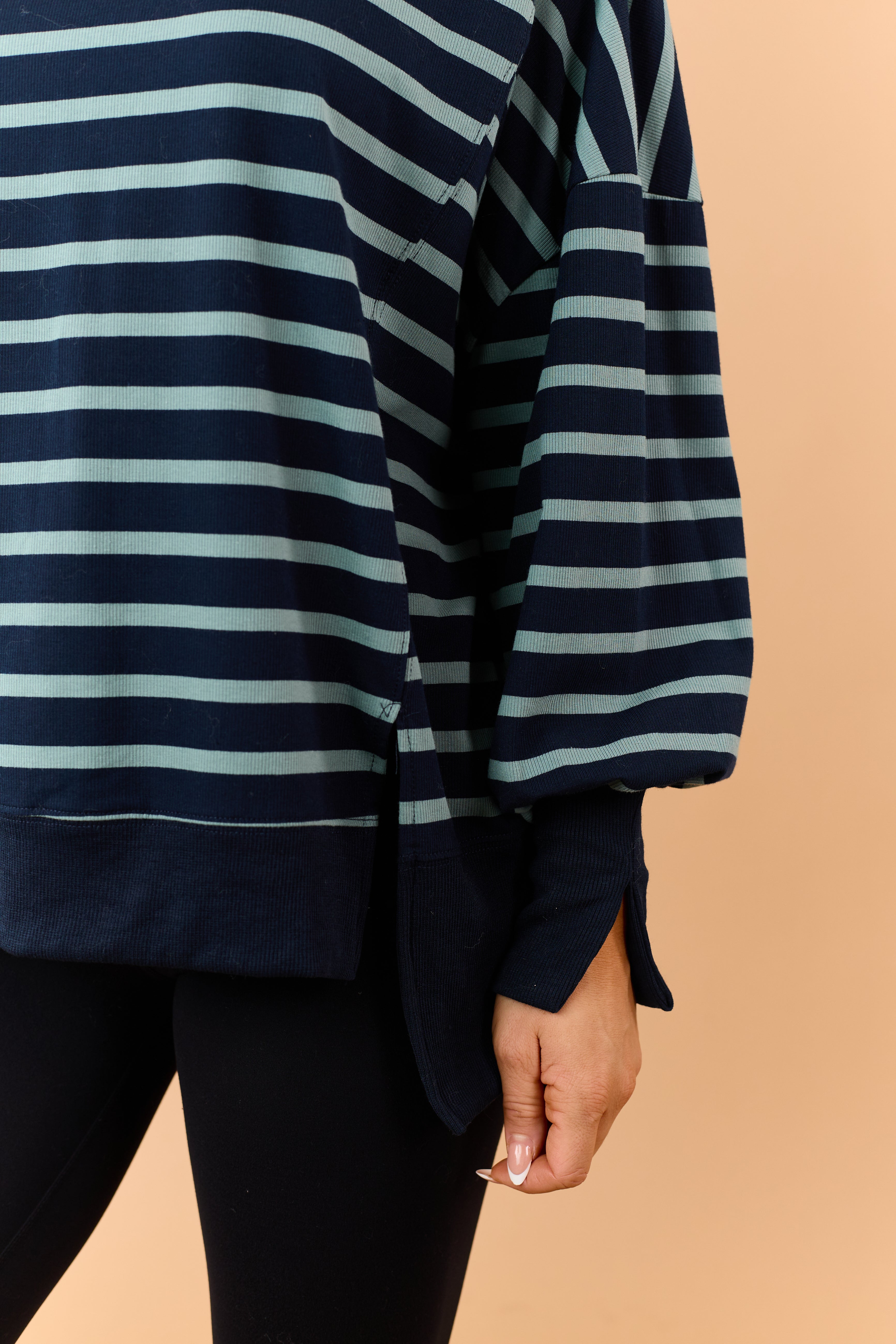 Navy Blue Striped Mock Neck Sweatshirt Top | Lime Lush Boutique