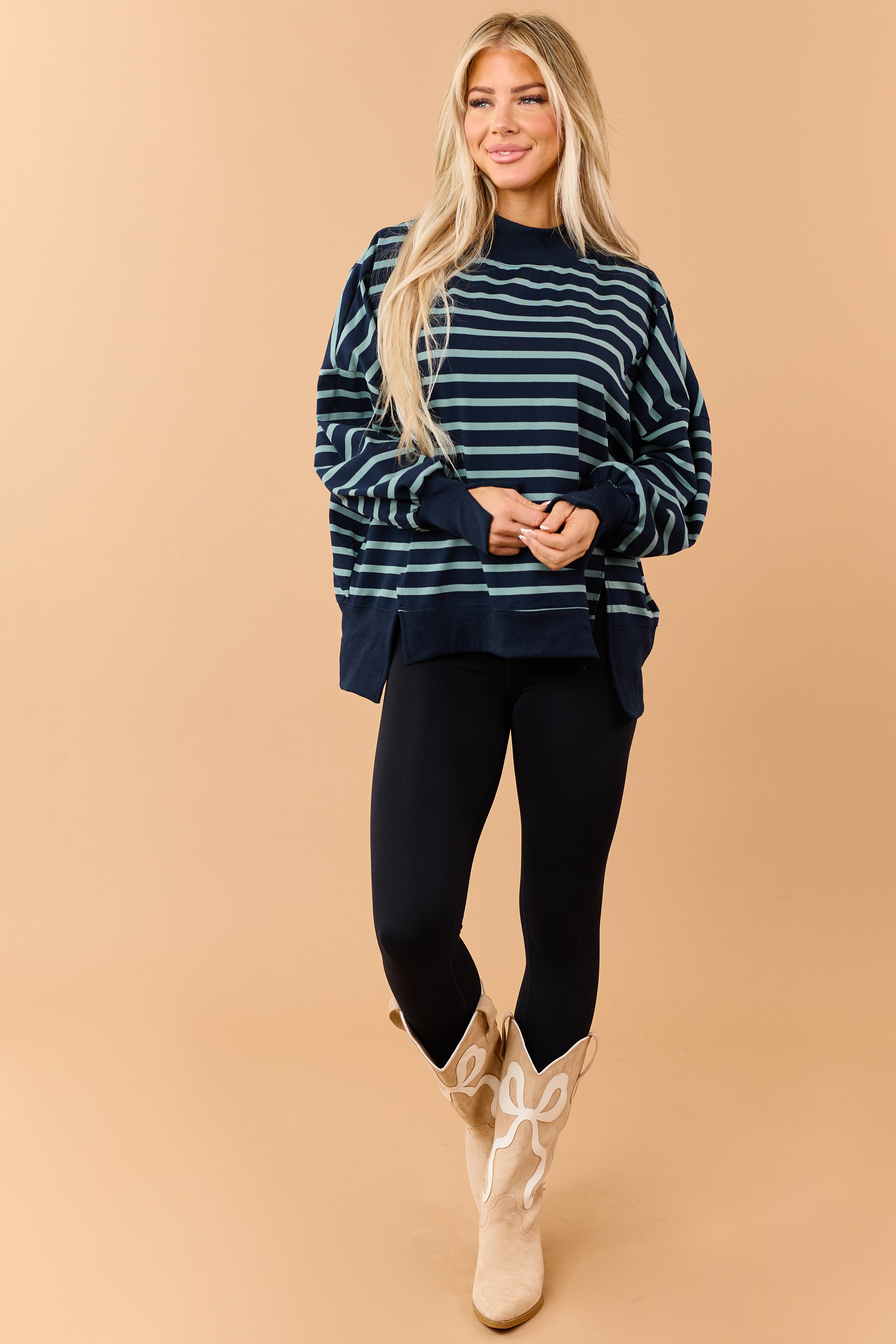 Navy Blue Striped Mock Neck Sweatshirt Top | Lime Lush Boutique