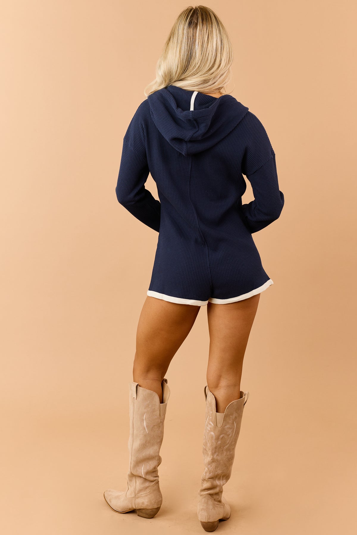 Navy Blue Waffle Knit Drawstring Hooded Romper