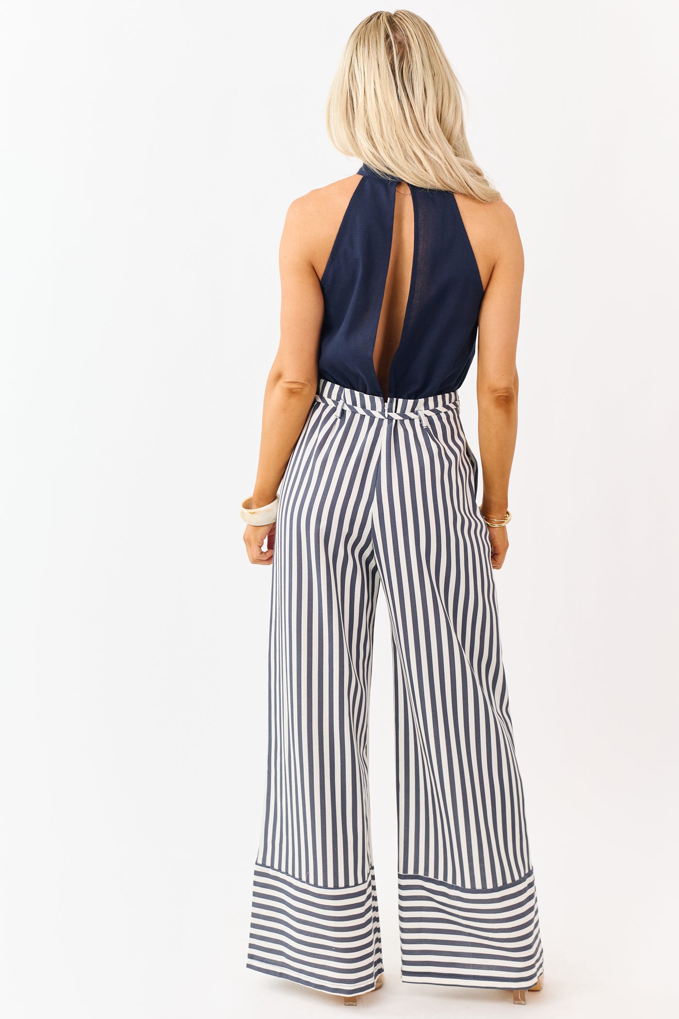 Navy Blue and White Striped Leg Halter Neck Jumpsuit
