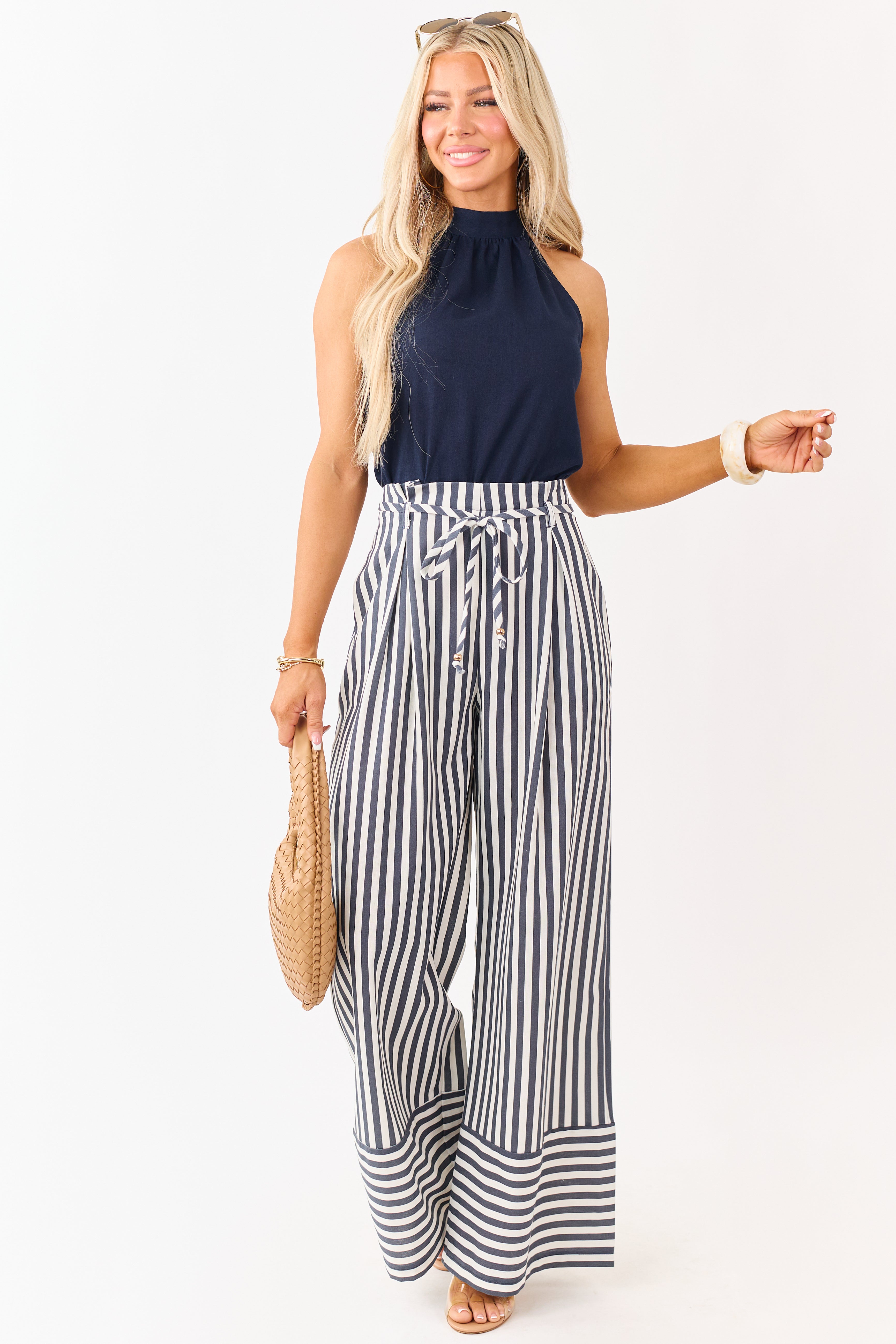 Navy Blue and White Striped Leg Halter Neck Jumpsuit