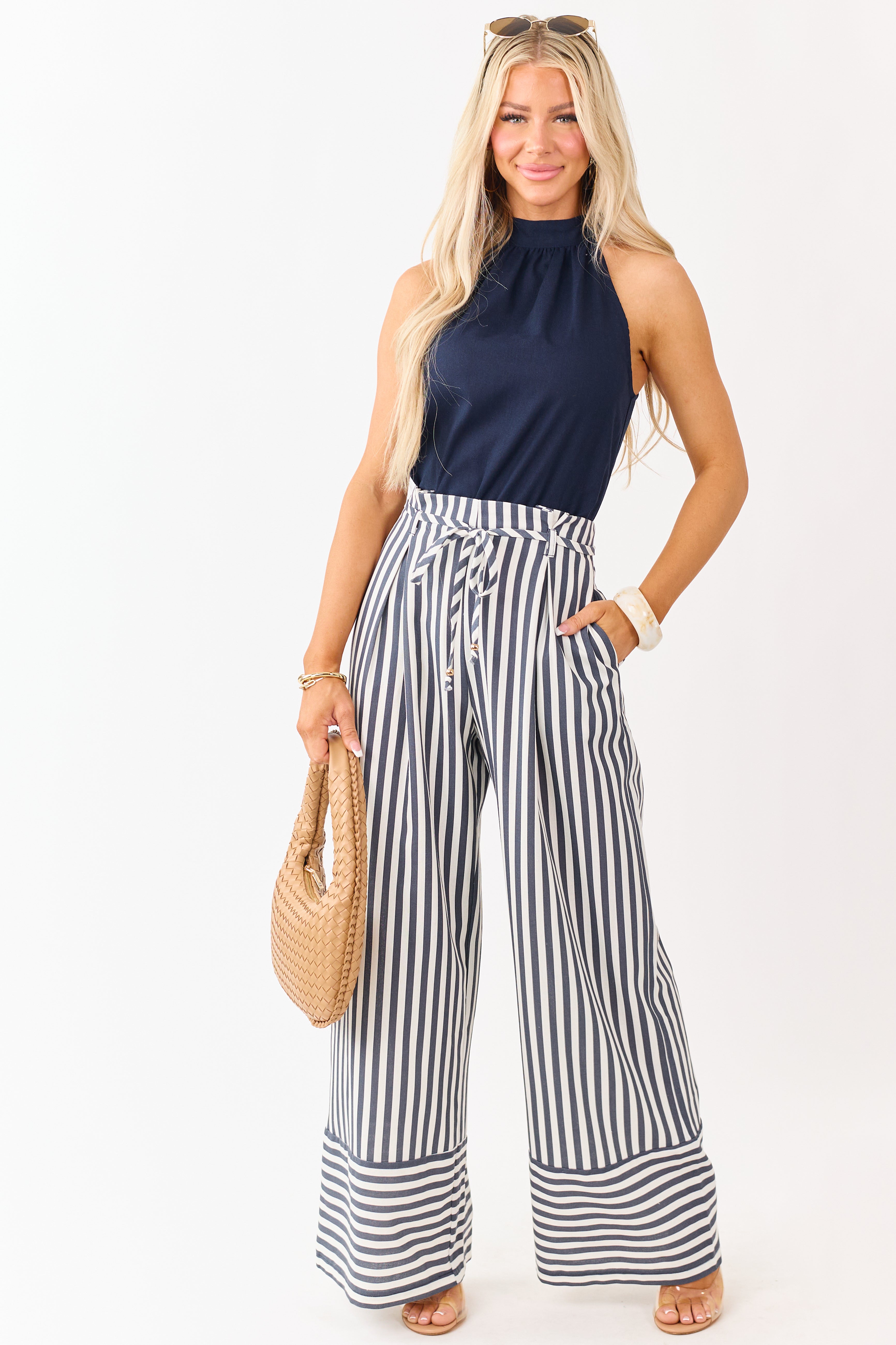 Navy Blue and White Striped Leg Halter Neck Jumpsuit | Lime Lush