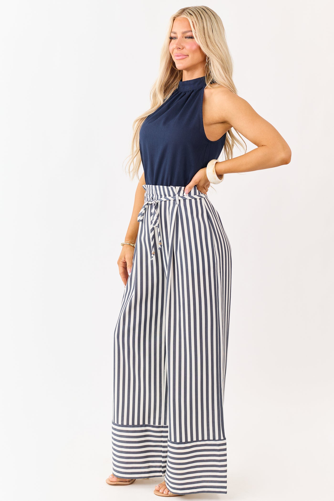 Navy Blue and White Striped Leg Halter Neck Jumpsuit