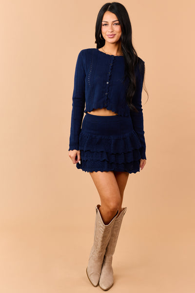 Navy Bow Pointelle Cardigan and Tiered Skirt Set
