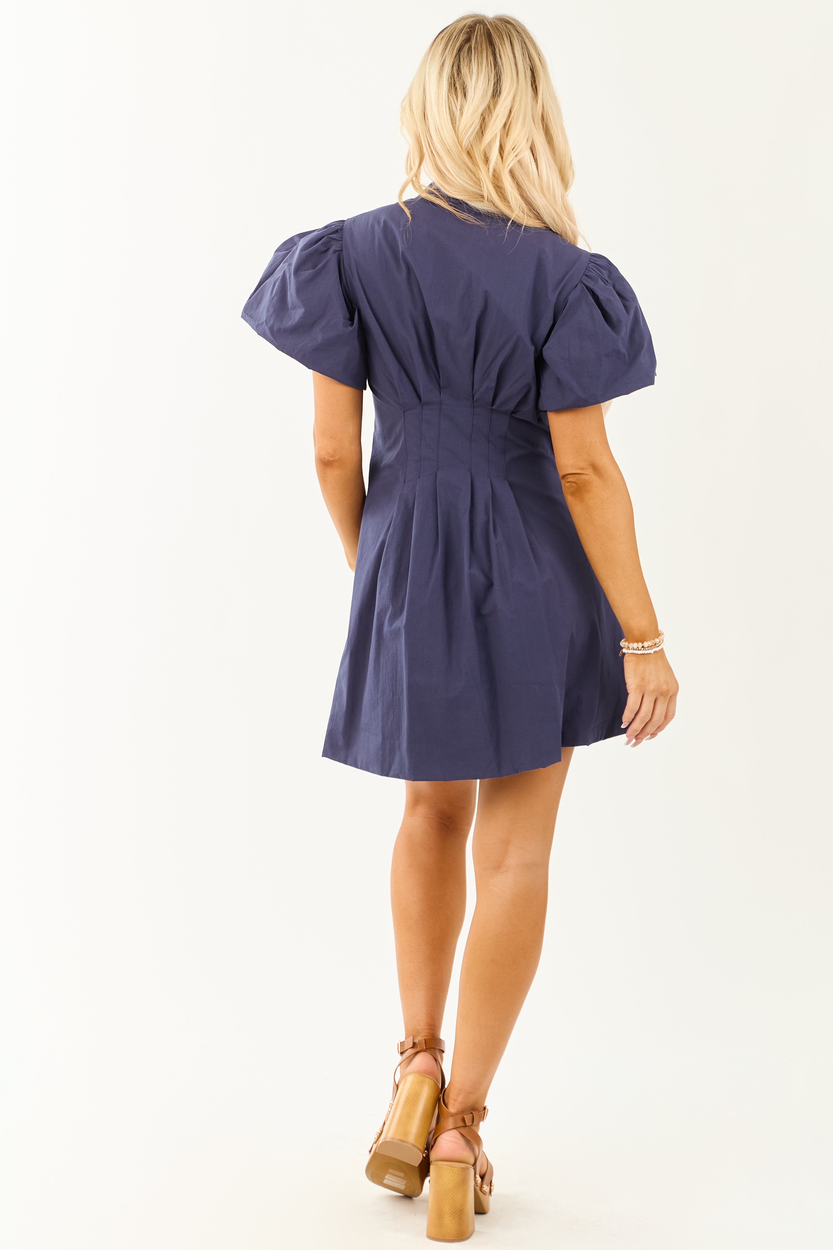 Navy Bubble Sleeve Button Down Cotton Mini Dress
