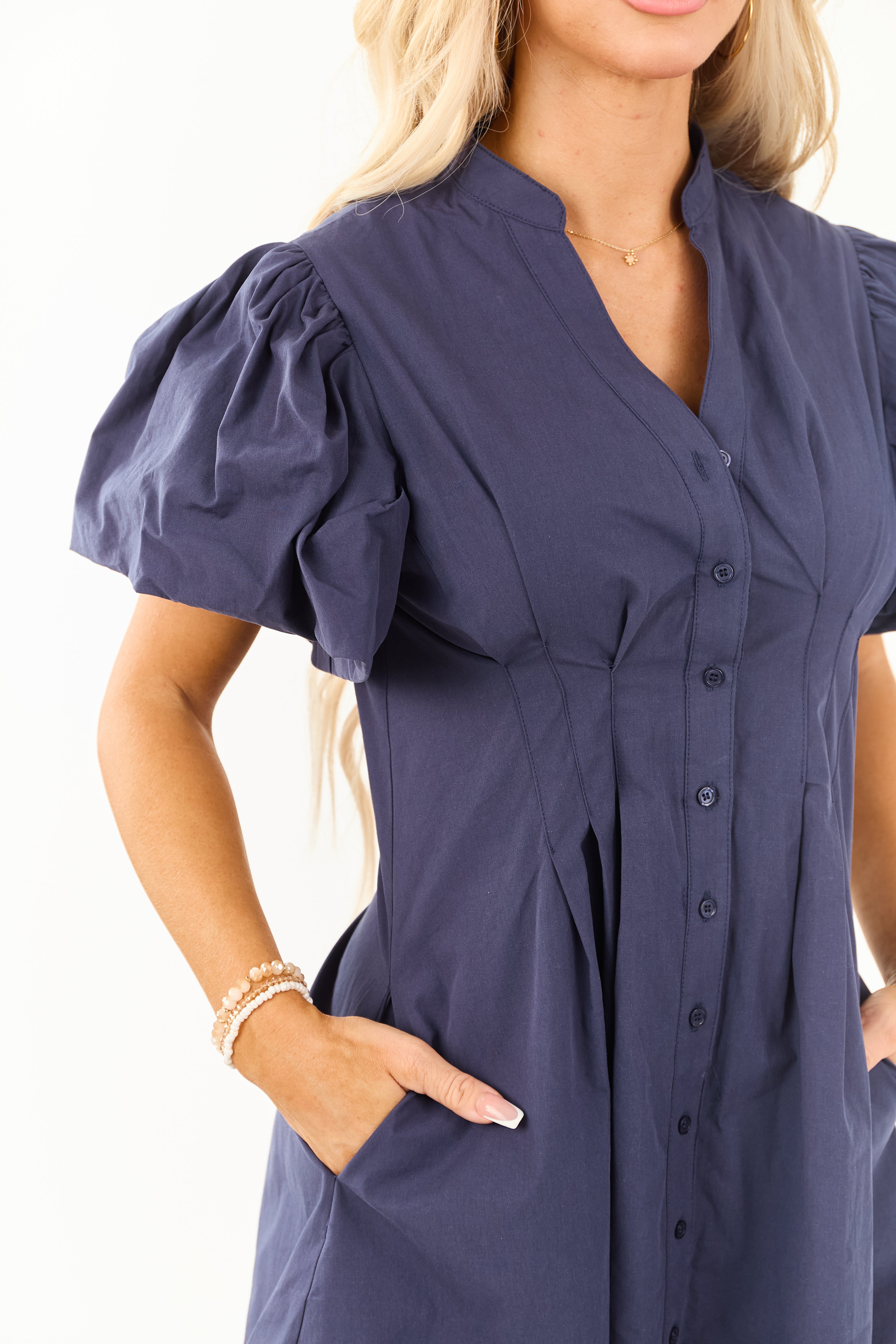Navy Bubble Sleeve Button Down Cotton Mini Dress