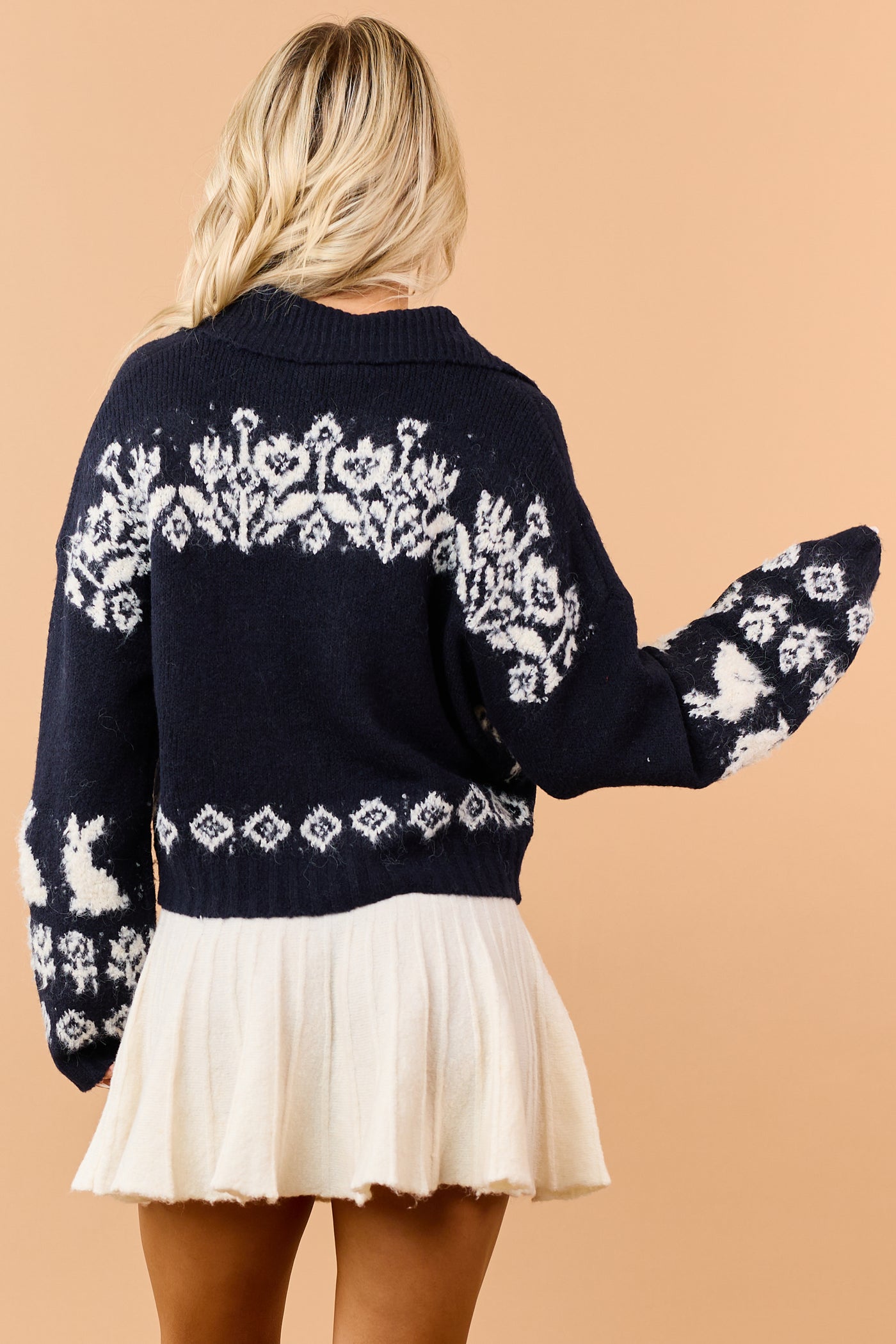 Navy Bunny Motif Fuzzy Wool Blend Knit Cardigan