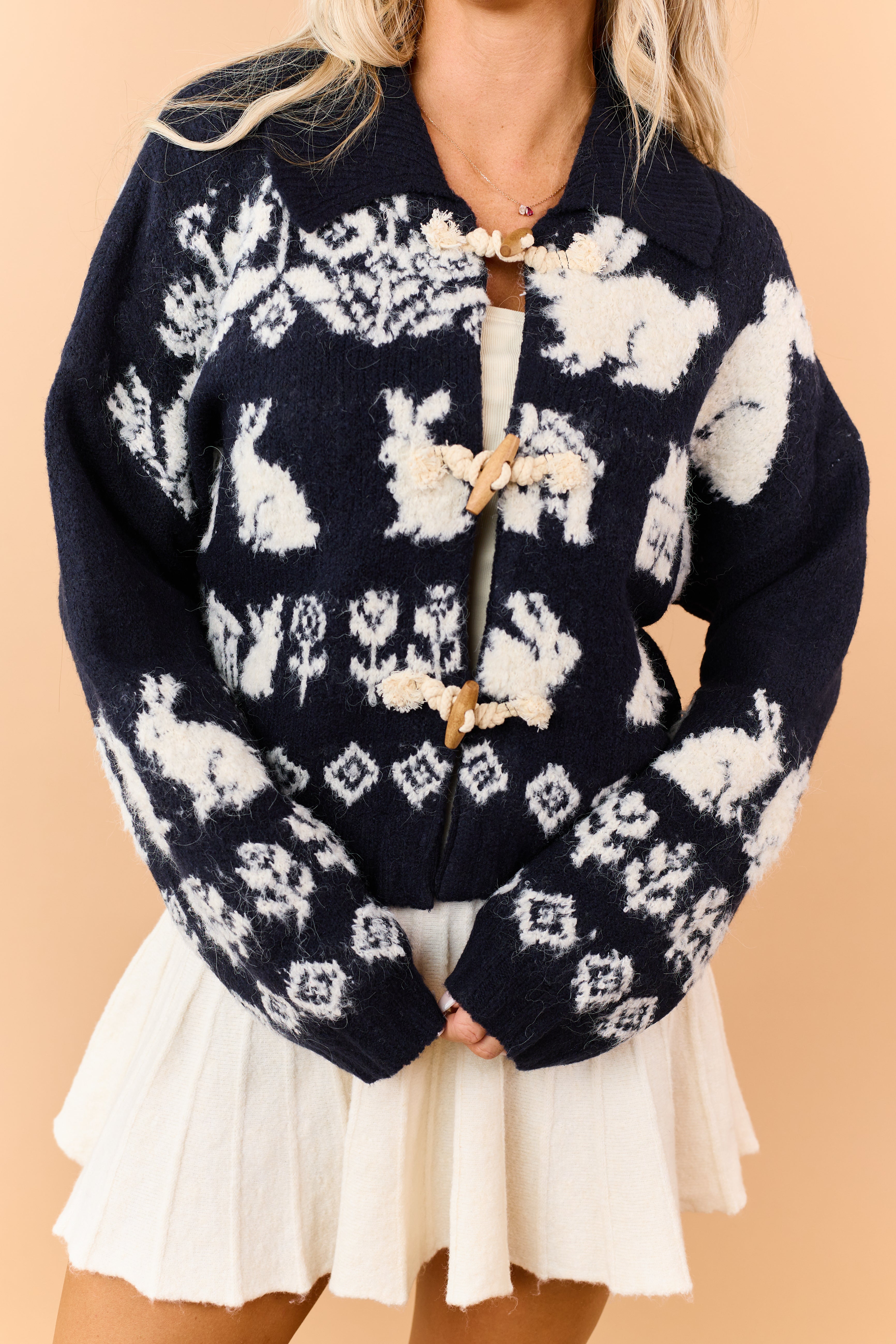 Navy Bunny Motif Fuzzy Wool Blend Knit Cardigan