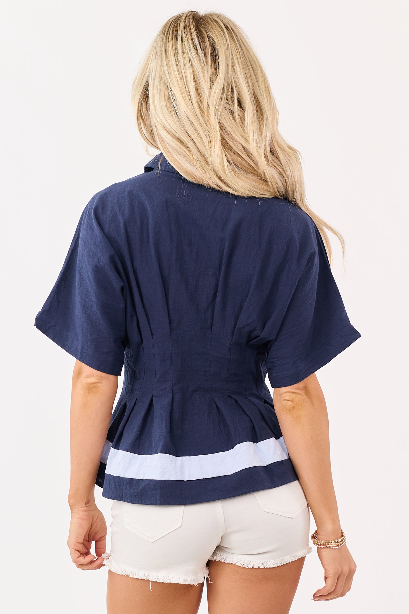 Navy Button Down Half Sleeve Pleated Cotton Top