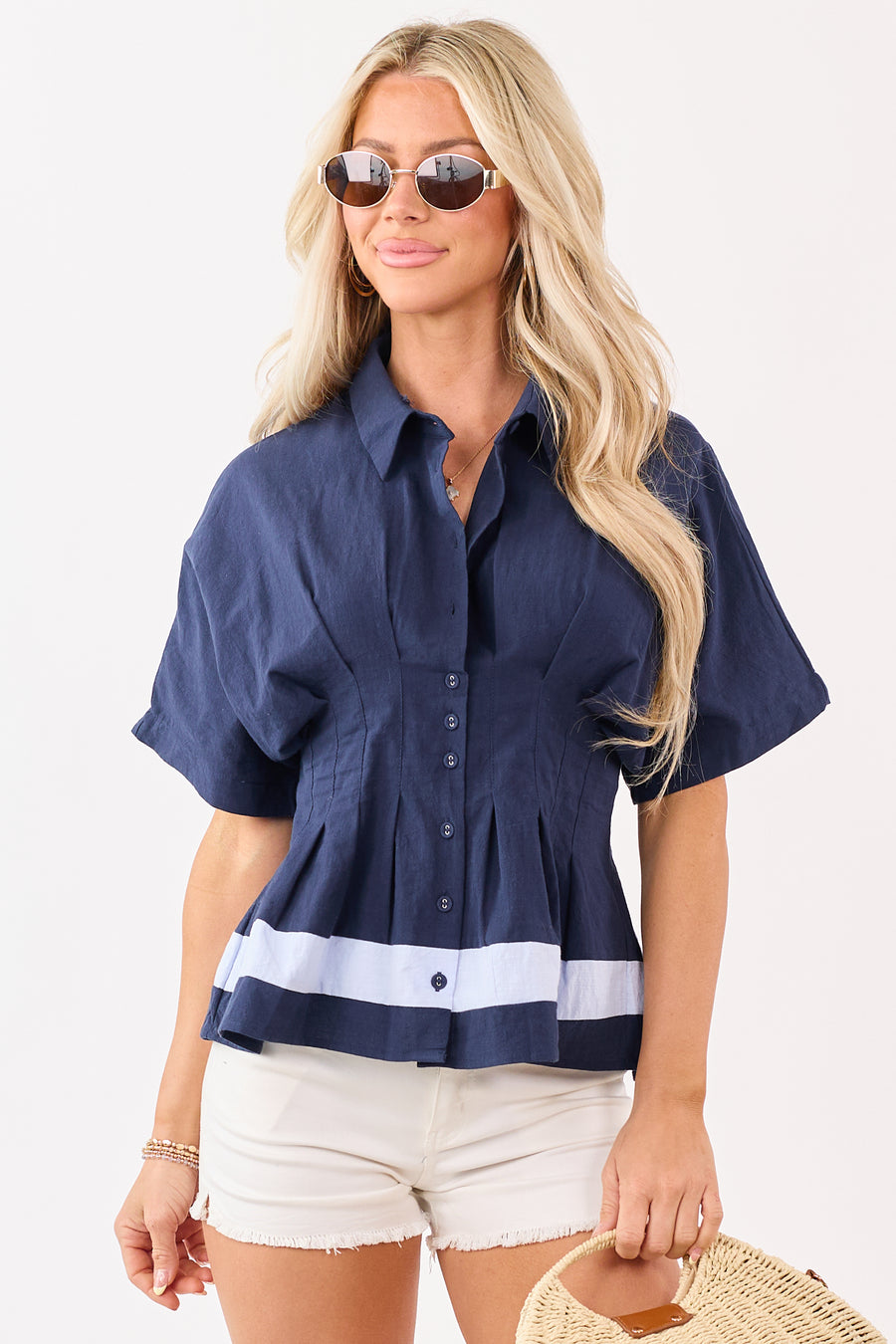 Navy Button Down Half Sleeve Pleated Cotton Top