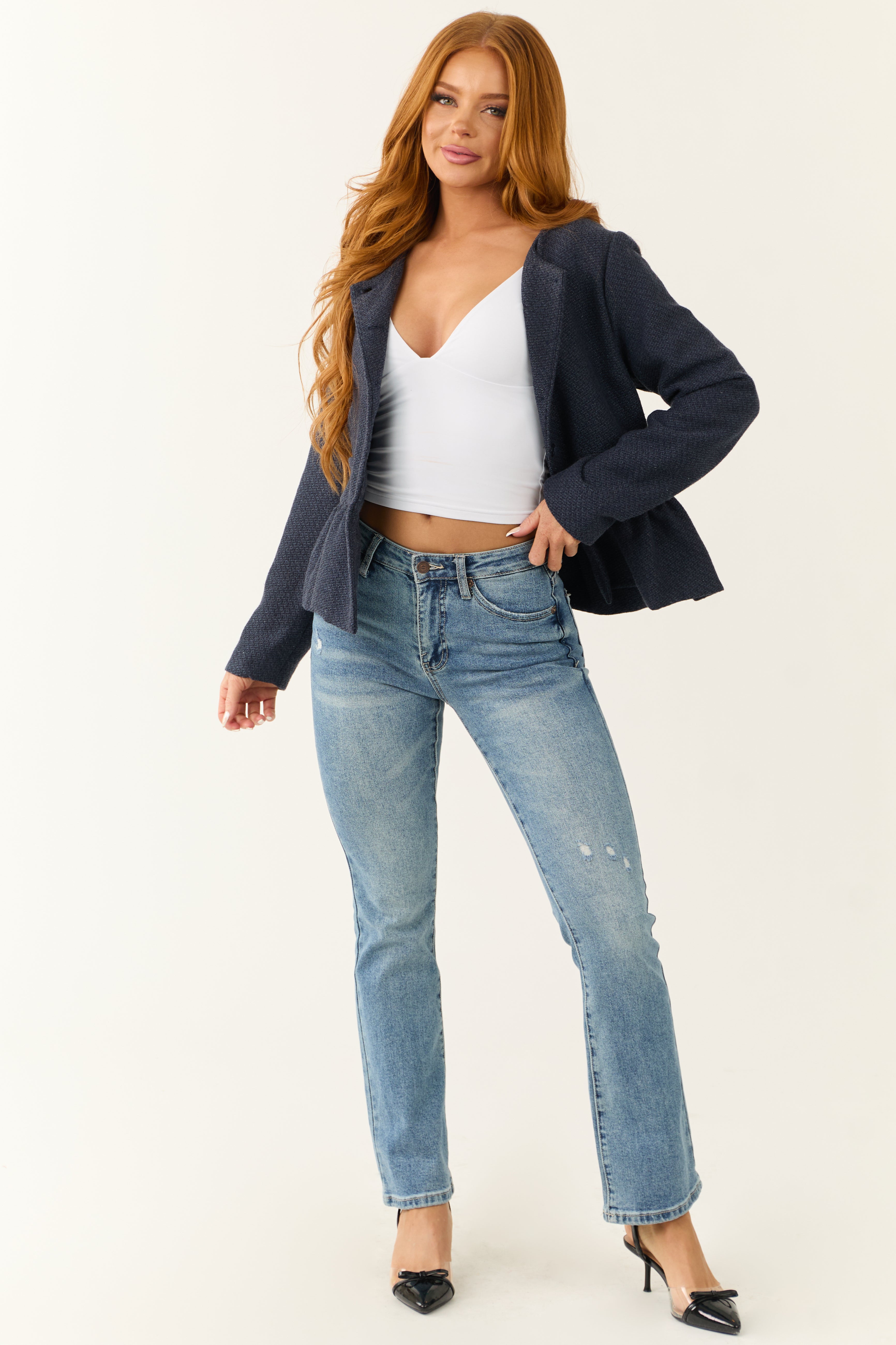 Vanilla Bay Women s Navy Button Down Ruffle Hem Long Sleeve Cardigan Size L