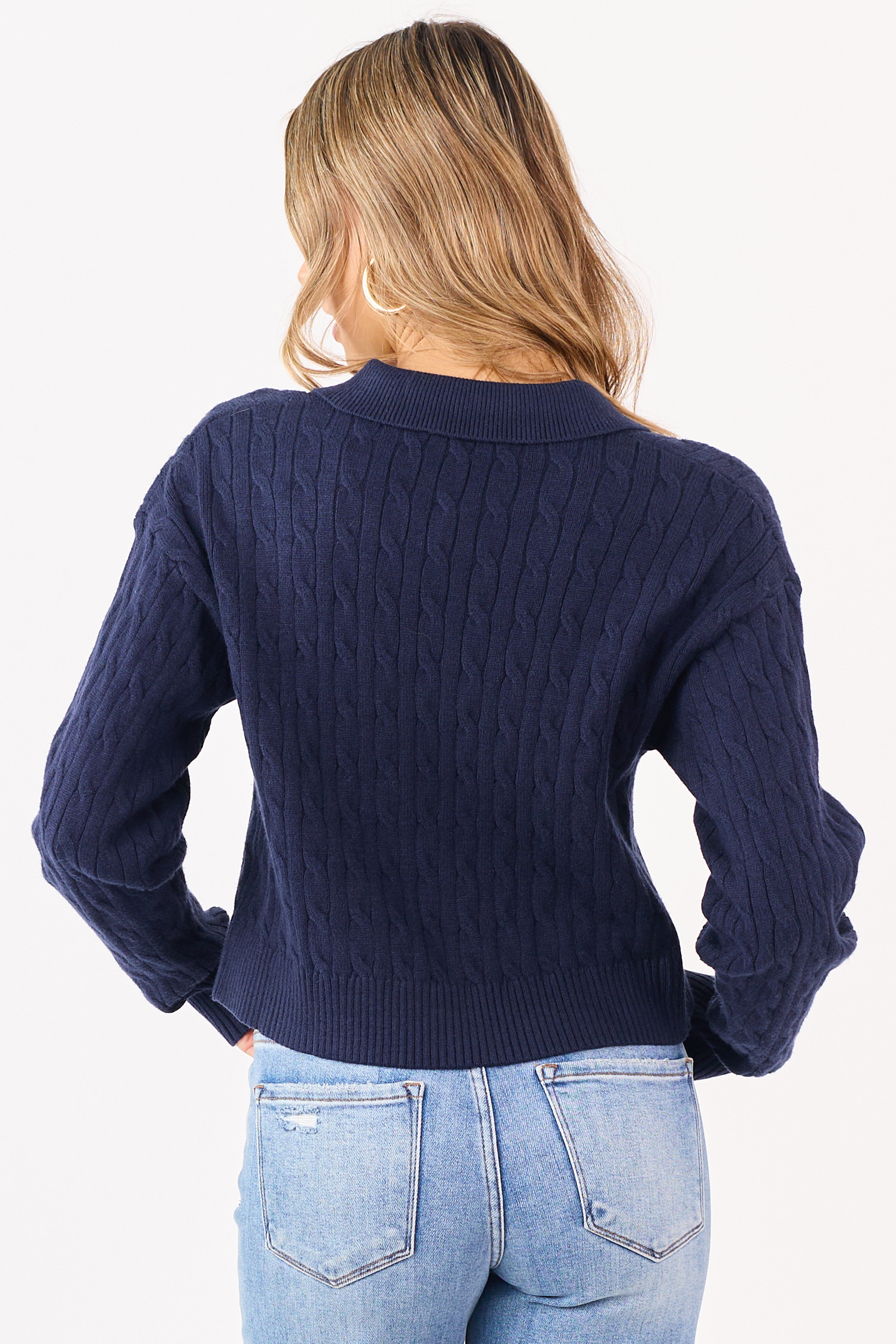 Navy Cable Knit Polo Style Cropped Sweater
