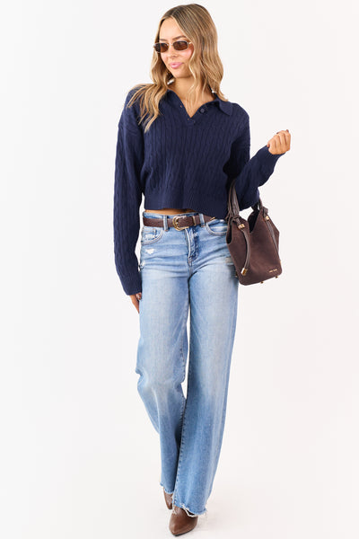 Navy Cable Knit Polo Style Cropped Sweater