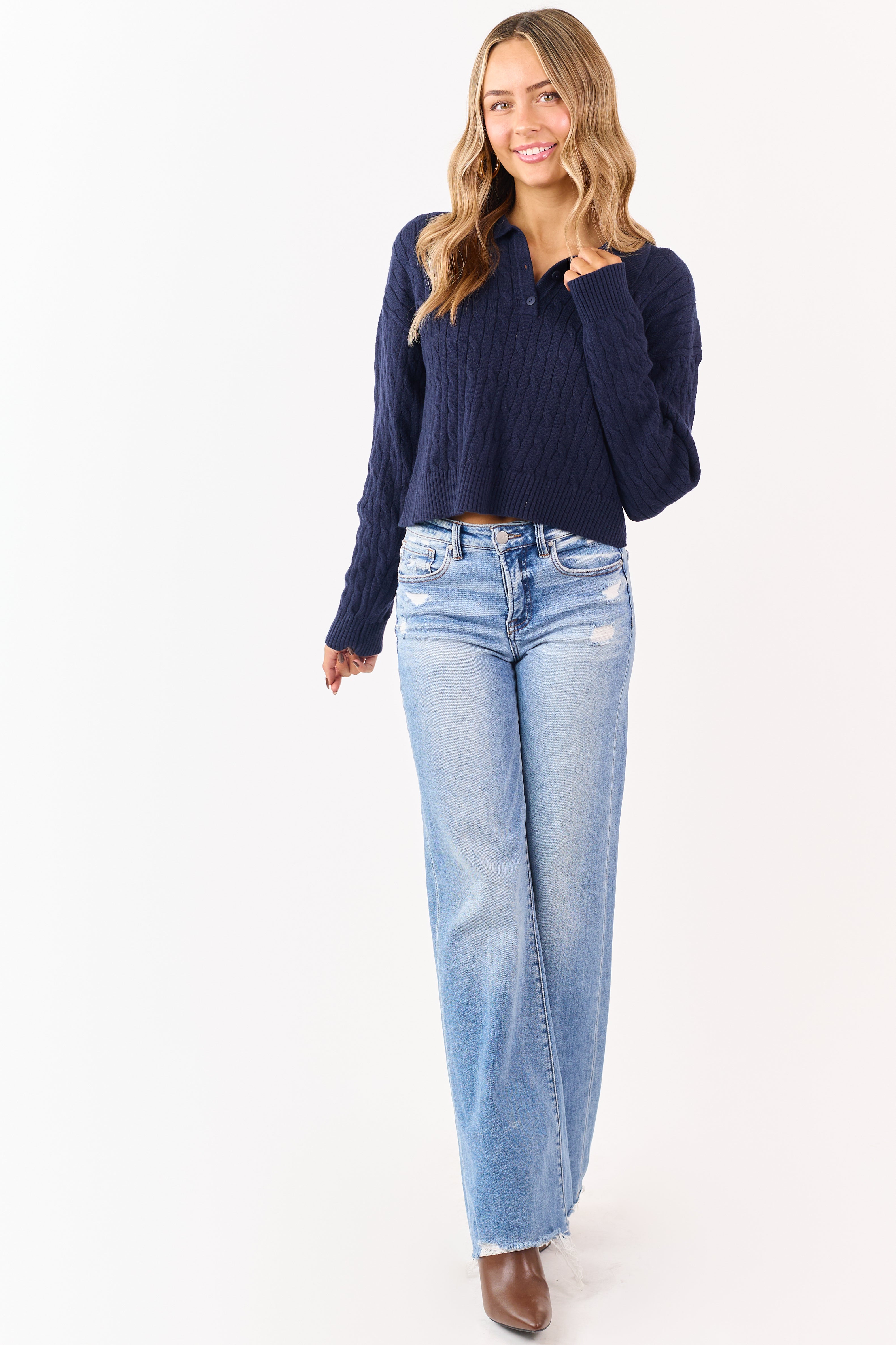 Navy Cable Knit Polo Style Cropped Sweater