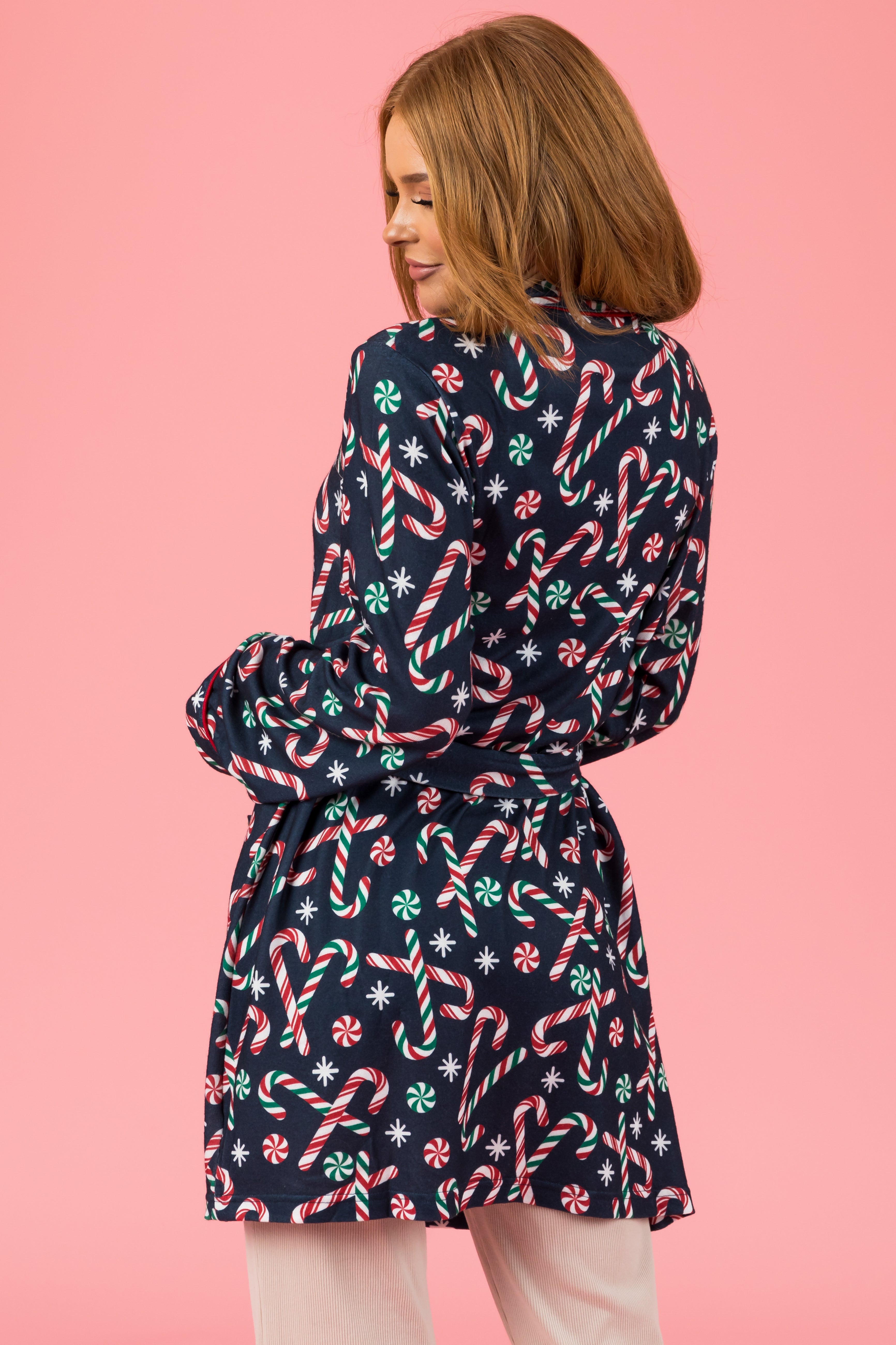 Navy Candy Cane Soft Mid Length Robe