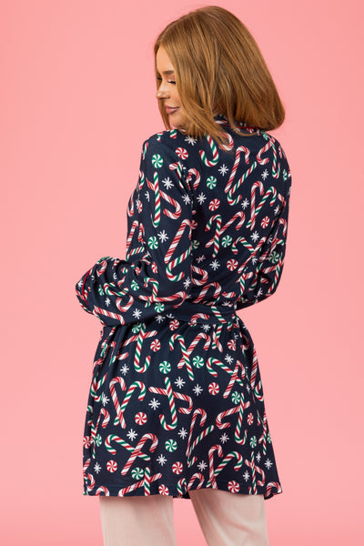 Navy Candy Cane Soft Mid Length Robe