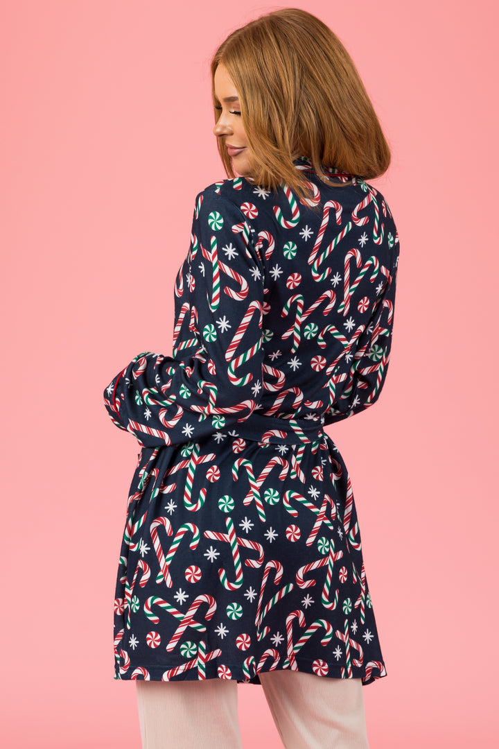 Navy Candy Cane Soft Mid Length Robe