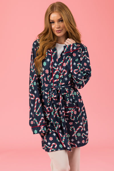 Navy Candy Cane Soft Mid Length Robe