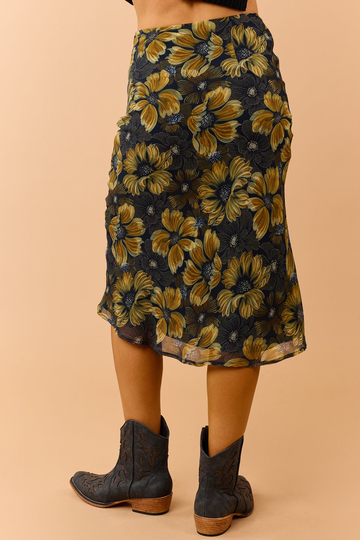 Navy Chiffon Floral Print Flare Midi Skirt