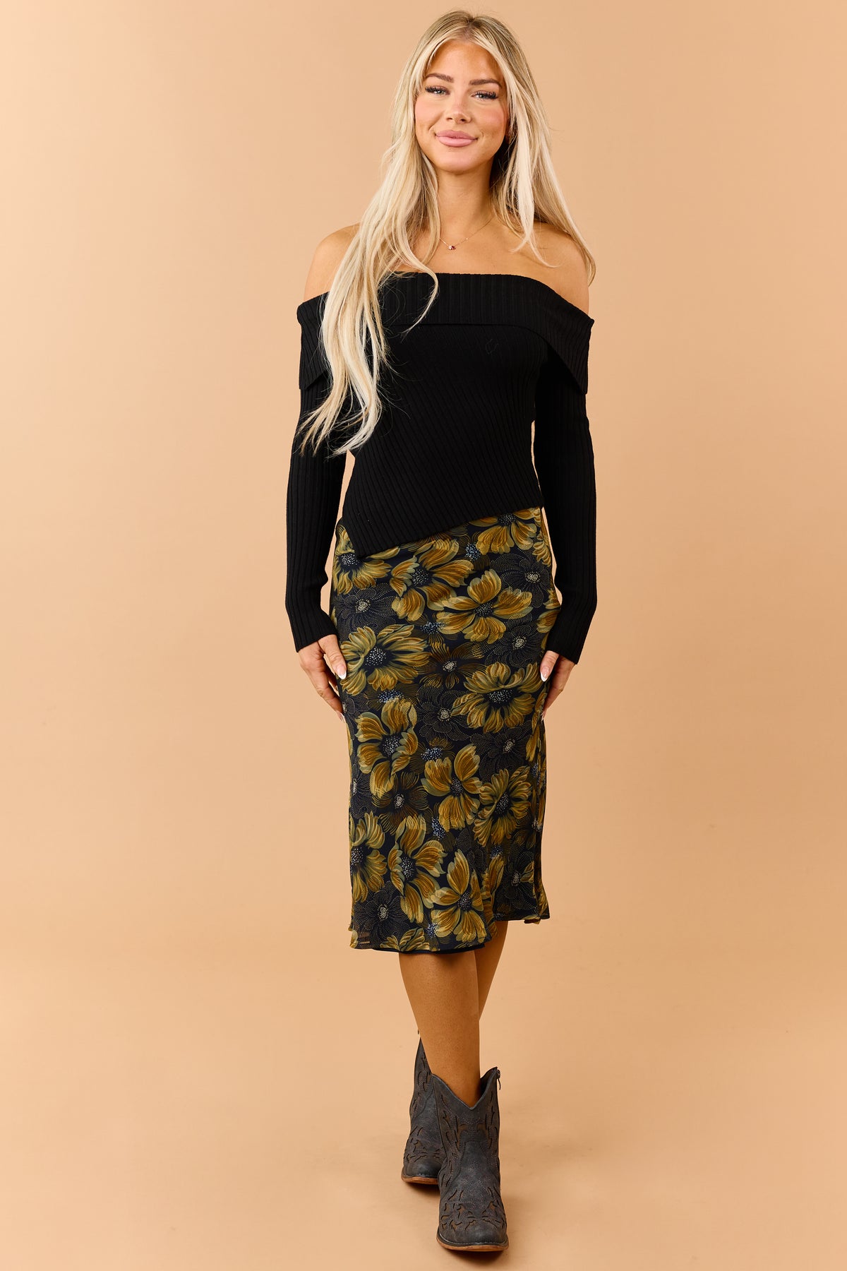 Navy Chiffon Floral Print Flare Midi Skirt