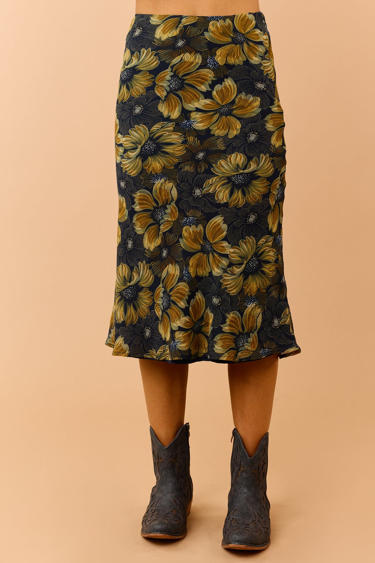 Navy Chiffon Floral Print Flare Midi Skirt