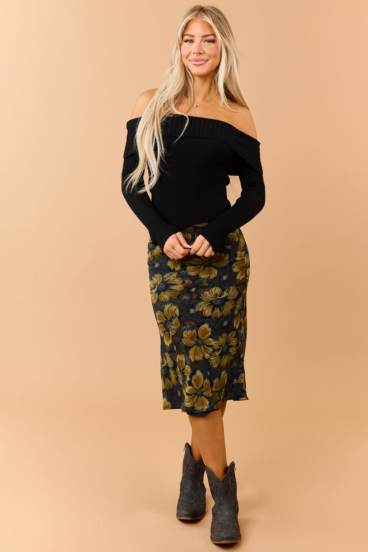 Navy Chiffon Floral Print Flare Midi Skirt