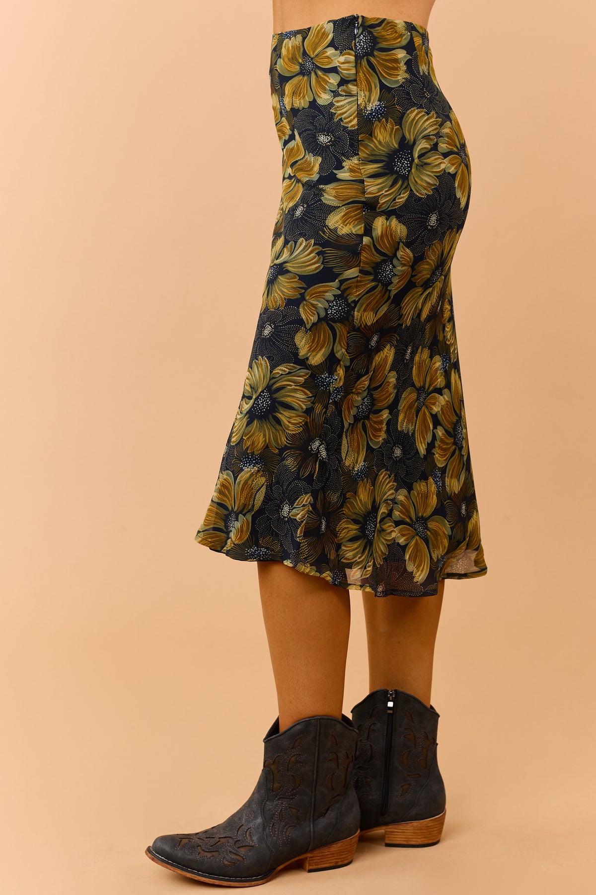 Navy Chiffon Floral Print Flare Midi Skirt
