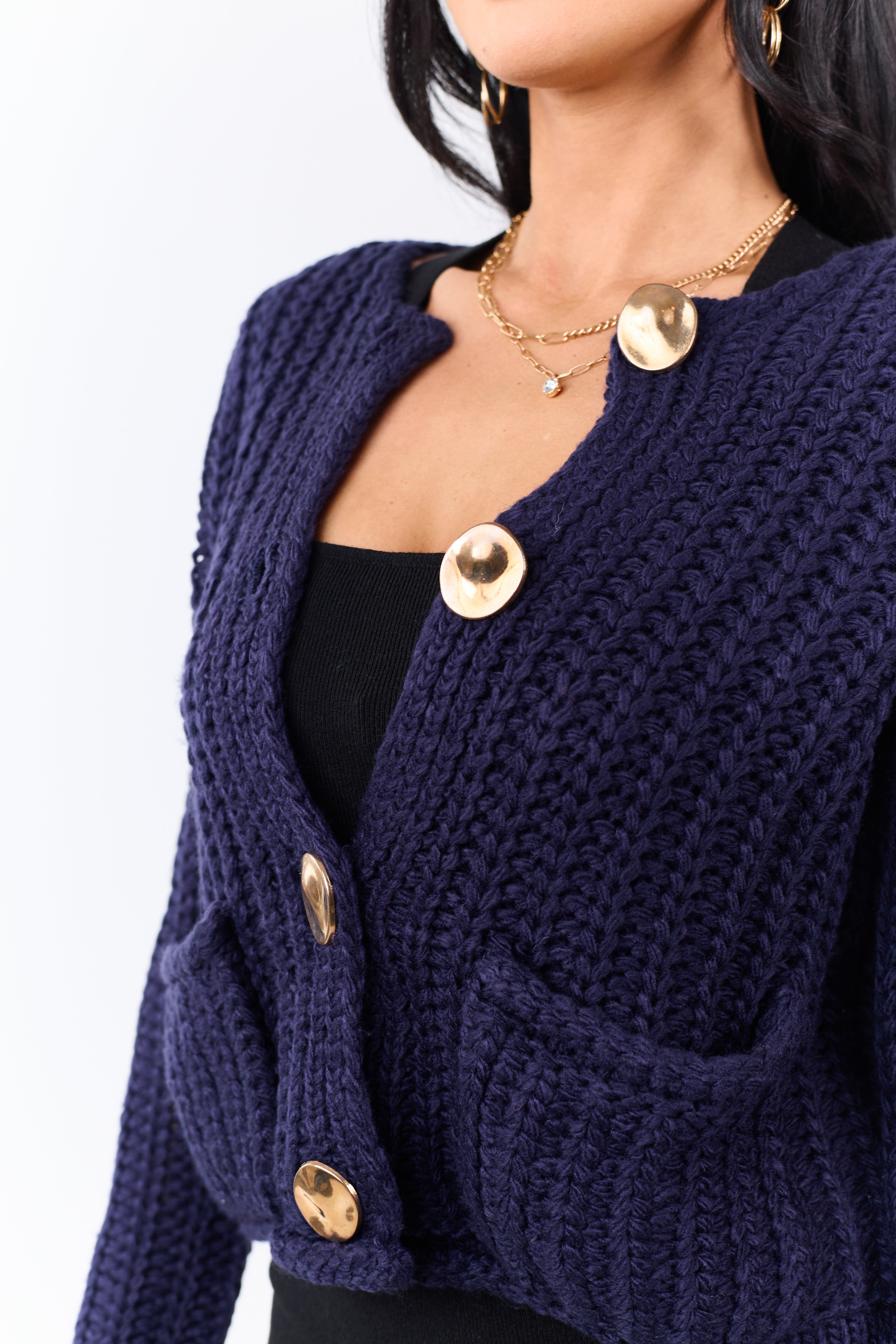 Navy Chunky Rib Knit Button Down Cardigan
