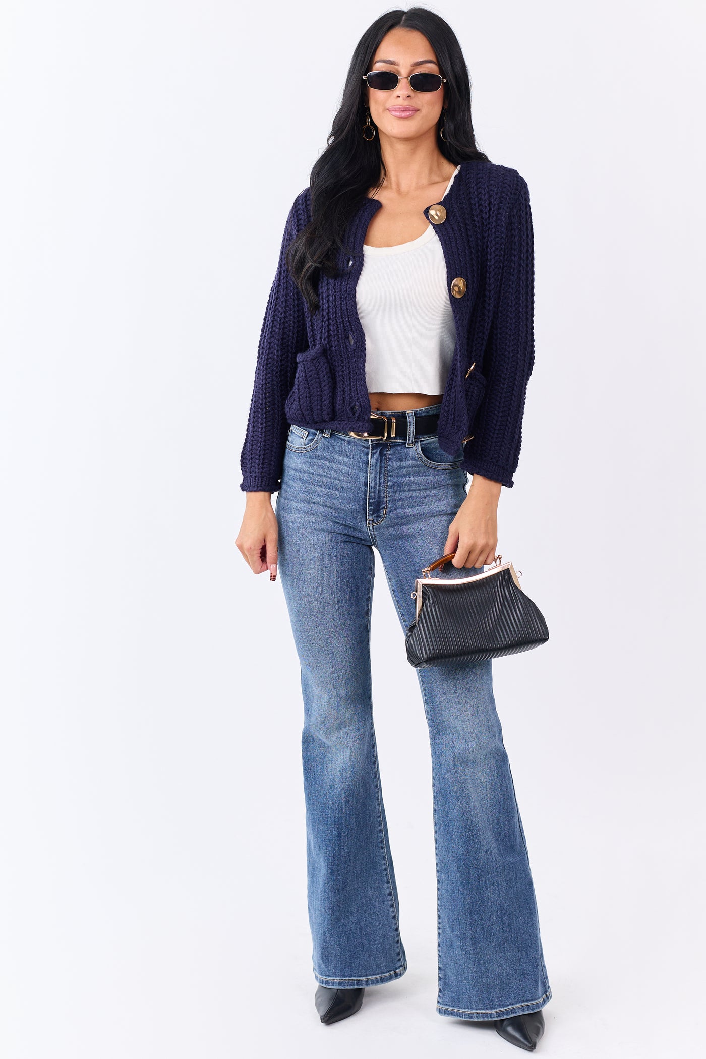 Navy Chunky Rib Knit Button Down Cardigan