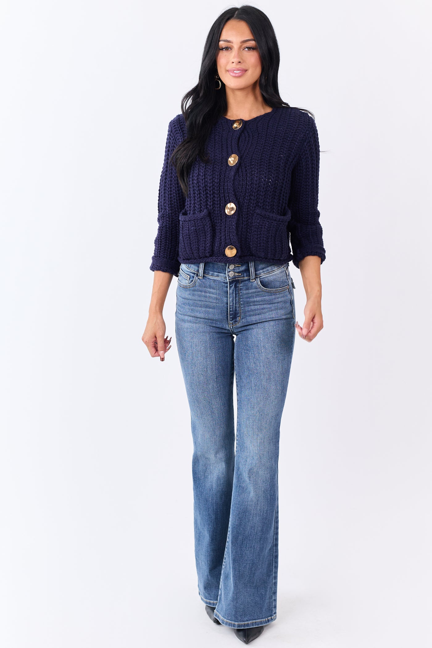 Navy Chunky Rib Knit Button Down Cardigan