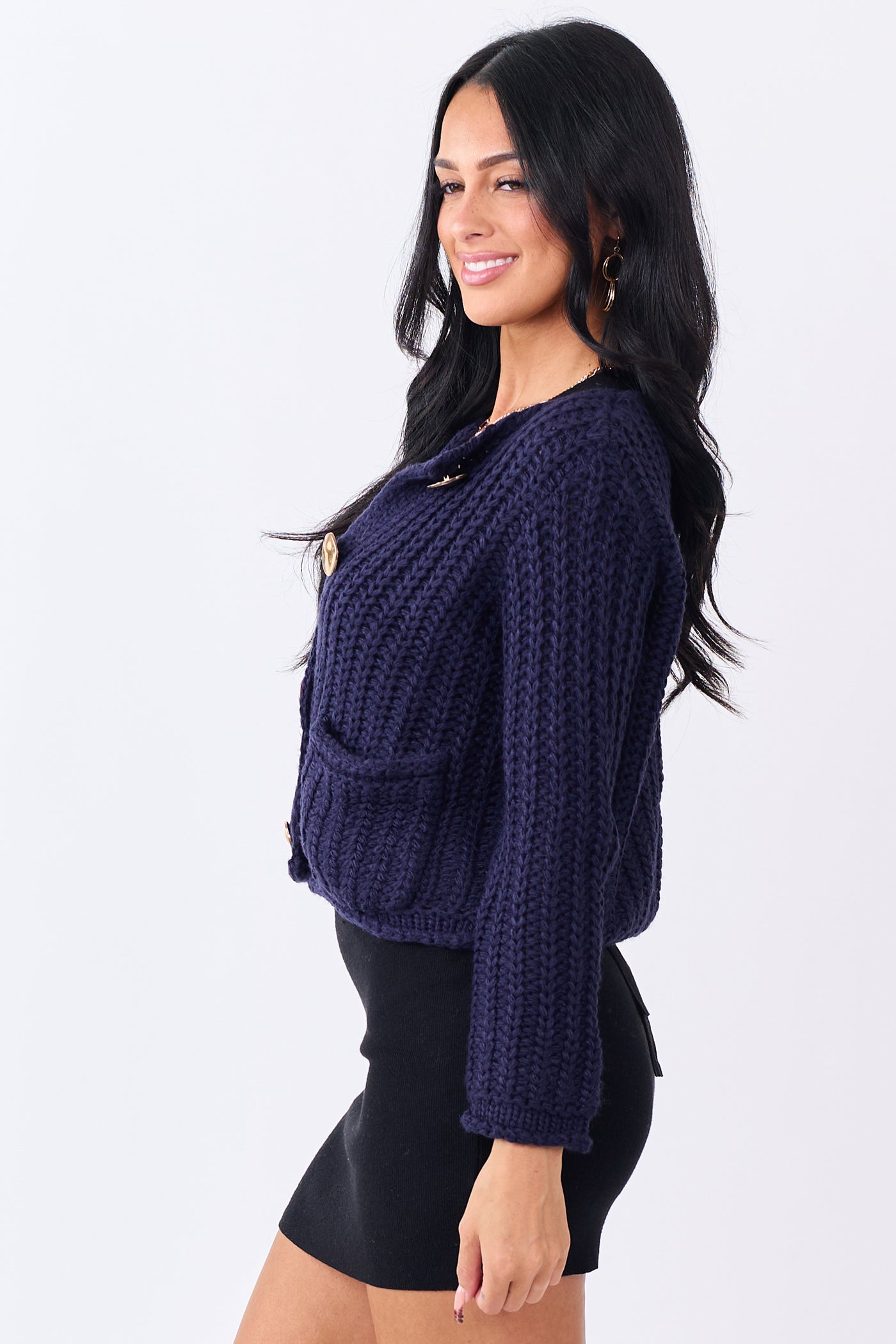 Navy Chunky Rib Knit Button Down Cardigan