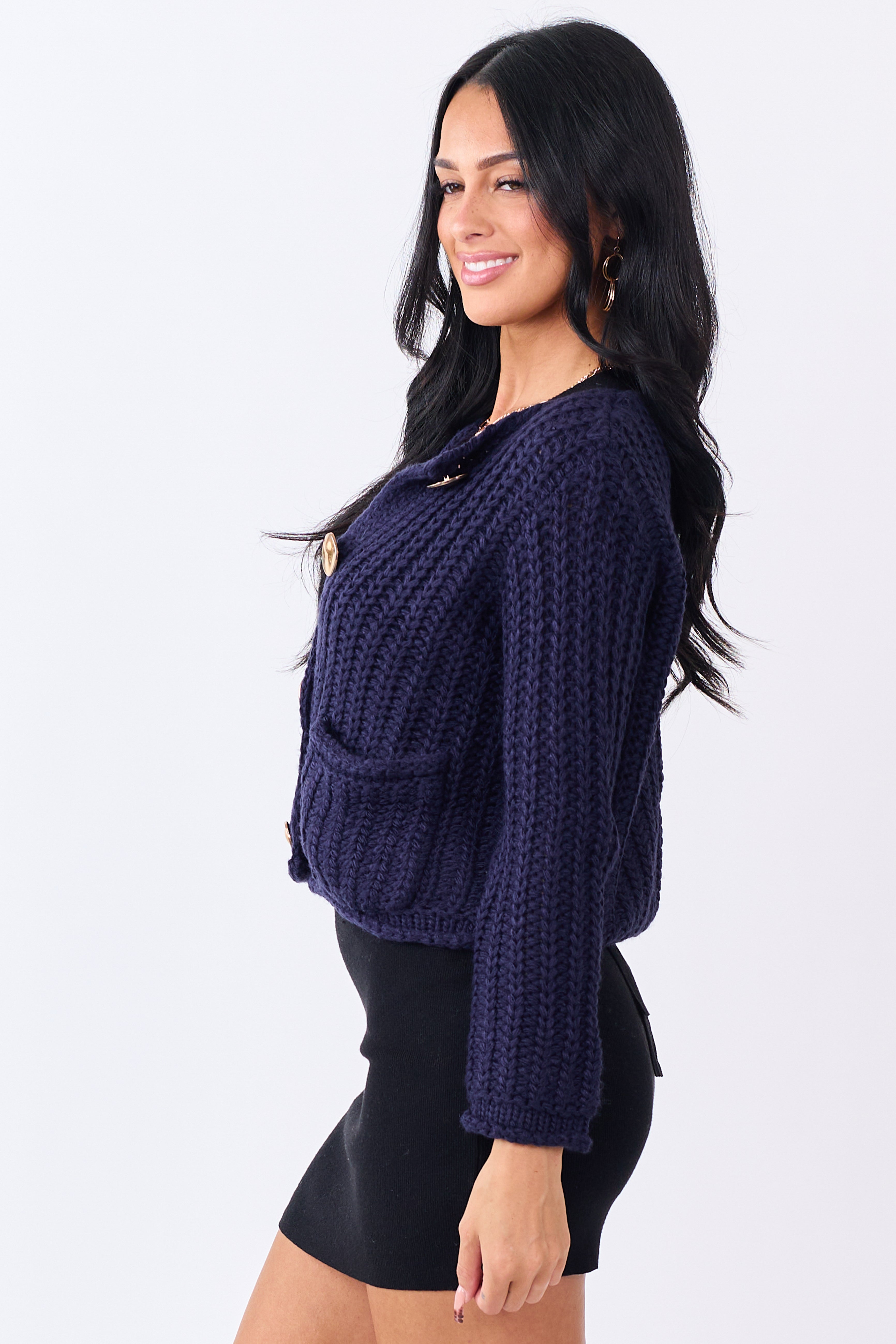 Navy Chunky Rib Knit Button Down Cardigan