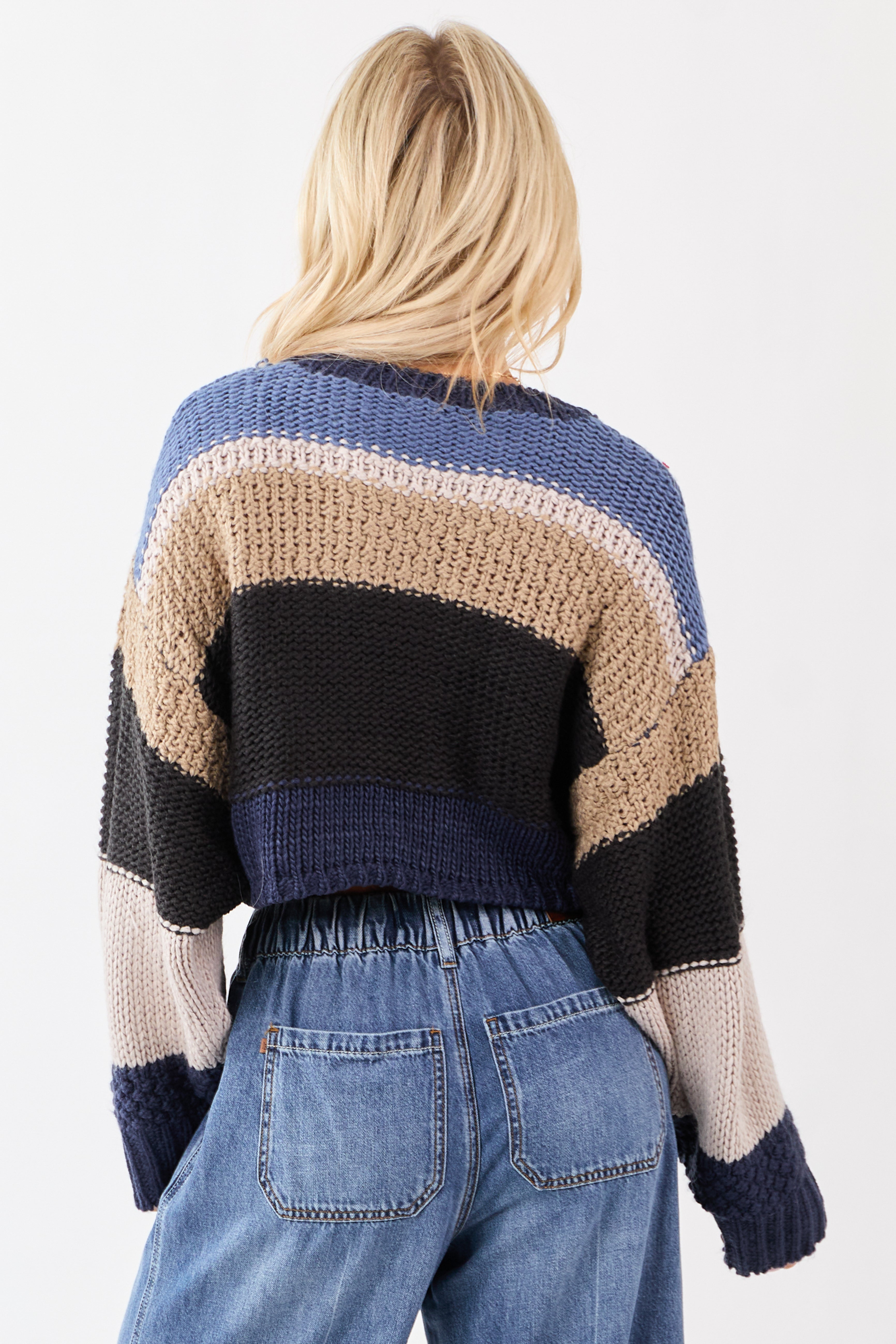 Navy Colorblock Stripe Cropped Boxy Knit Sweater