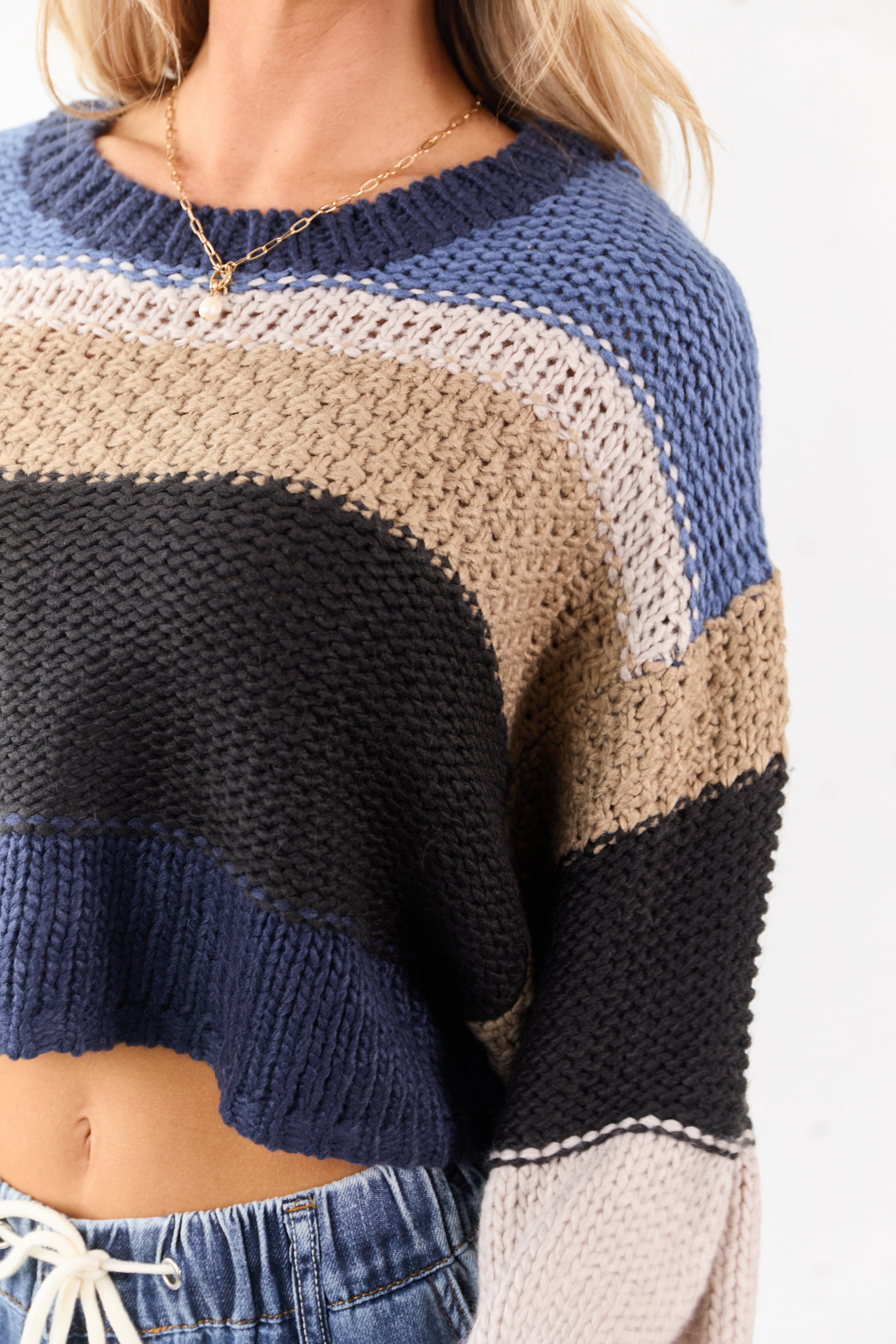 Navy Colorblock Stripe Cropped Boxy Knit Sweater