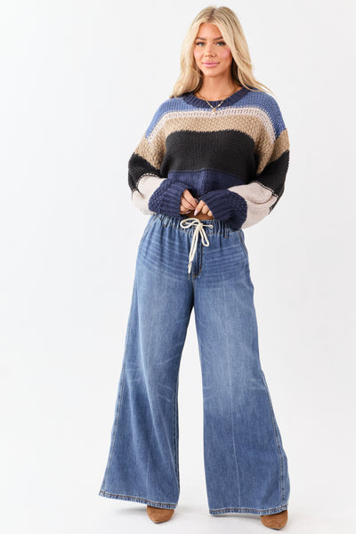 Navy Colorblock Stripe Cropped Boxy Knit Sweater