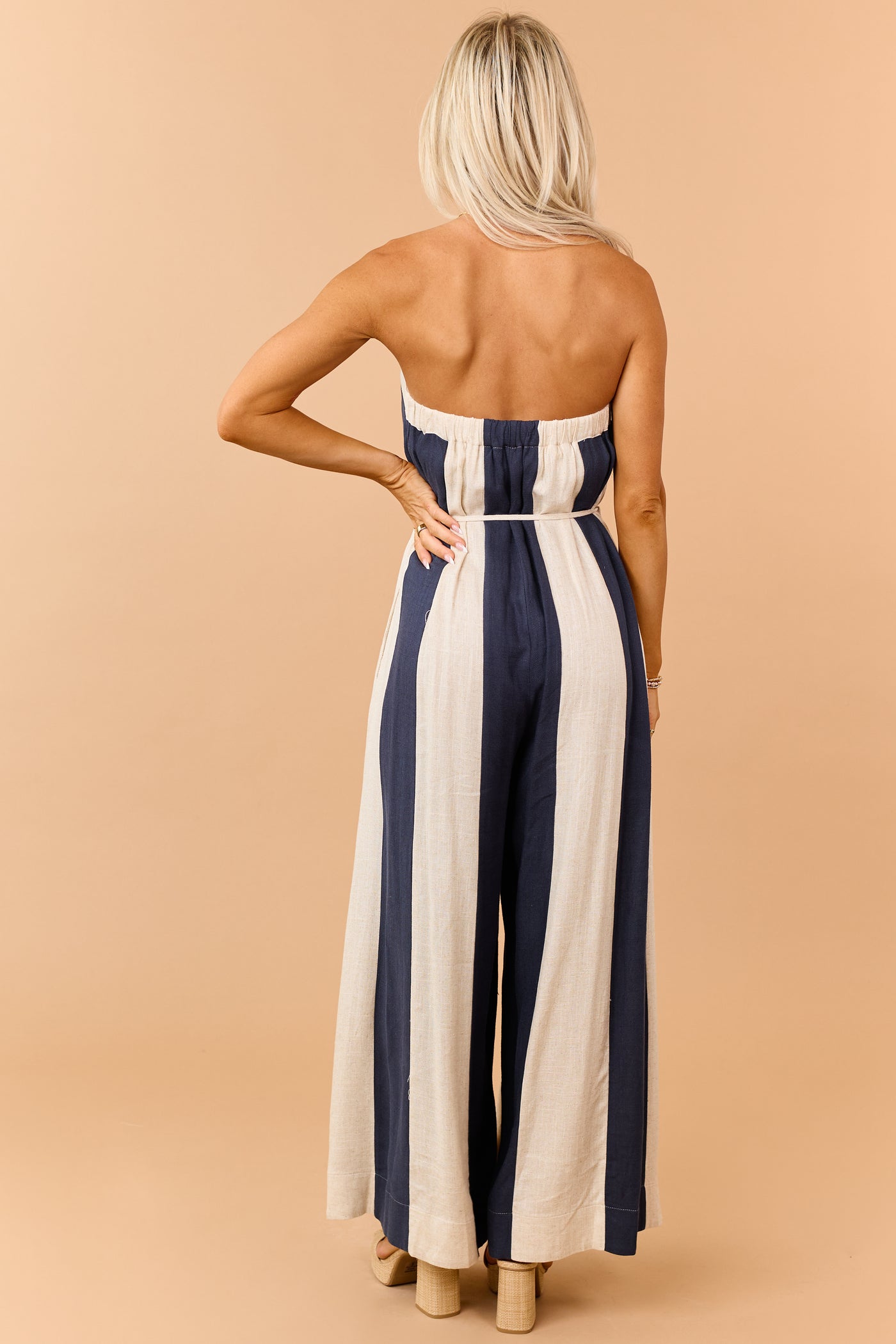 Navy Colorblock Stripe Linen Blend Strapless Jumpsuit
