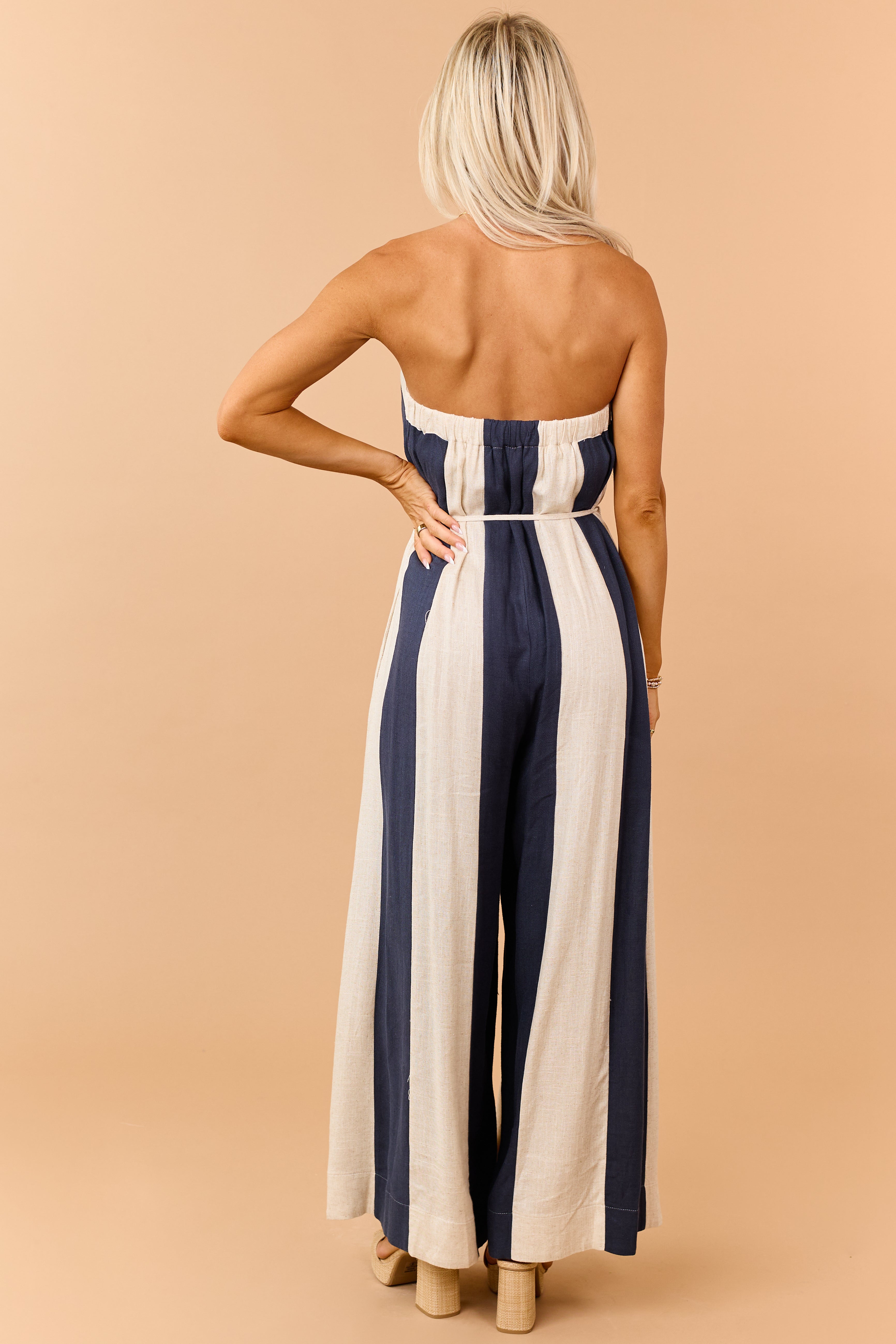 Navy Colorblock Stripe Linen Blend Strapless Jumpsuit