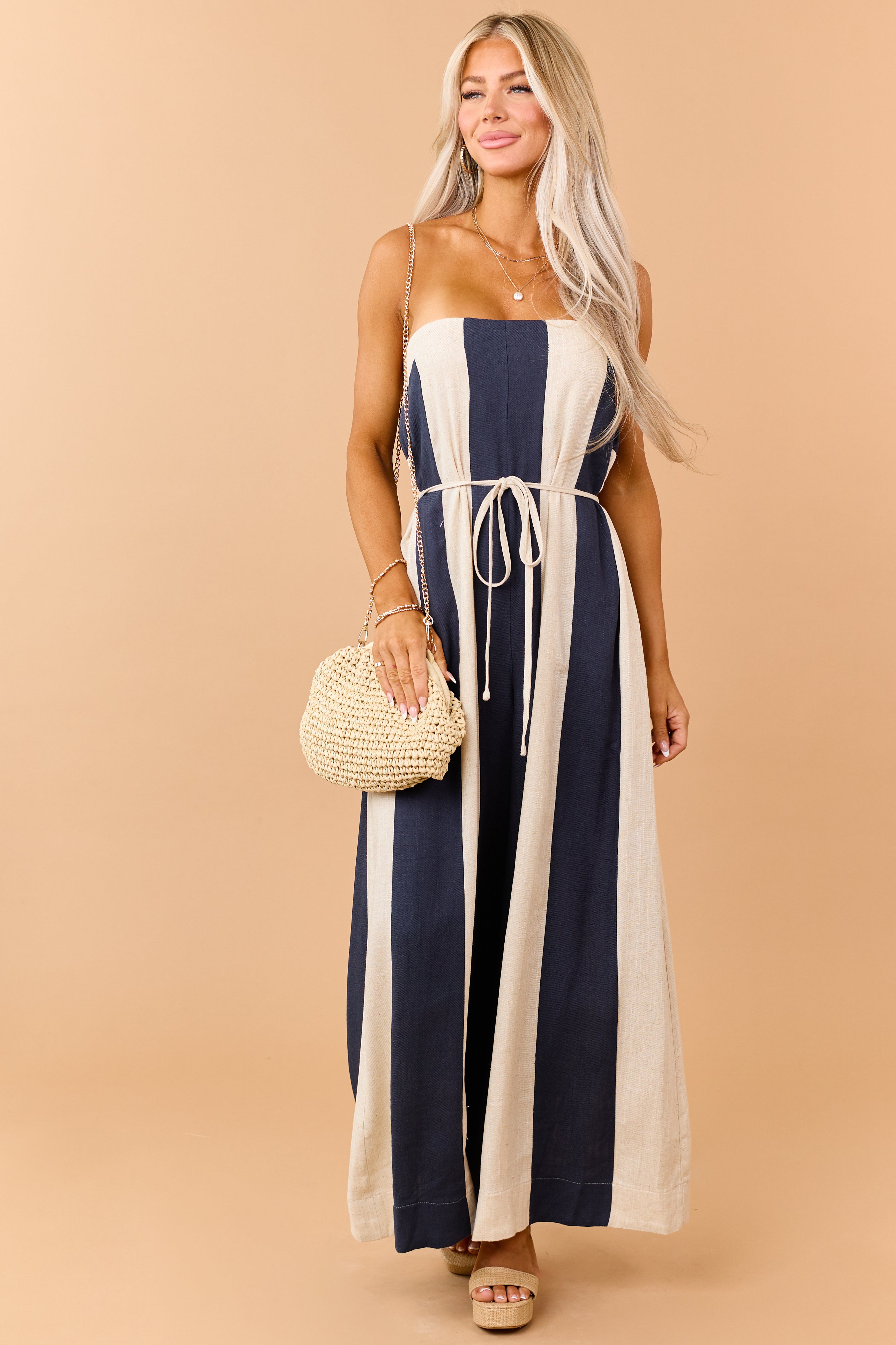 Navy Colorblock Stripe Linen Blend Strapless Jumpsuit