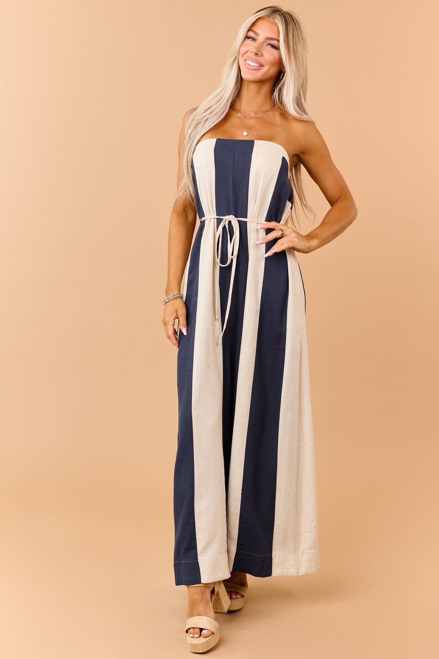 Navy Colorblock Stripe Linen Blend Strapless Jumpsuit