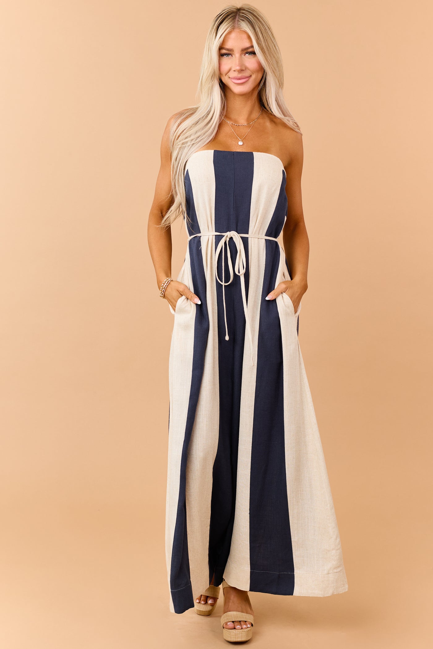 Navy Colorblock Stripe Linen Blend Strapless Jumpsuit