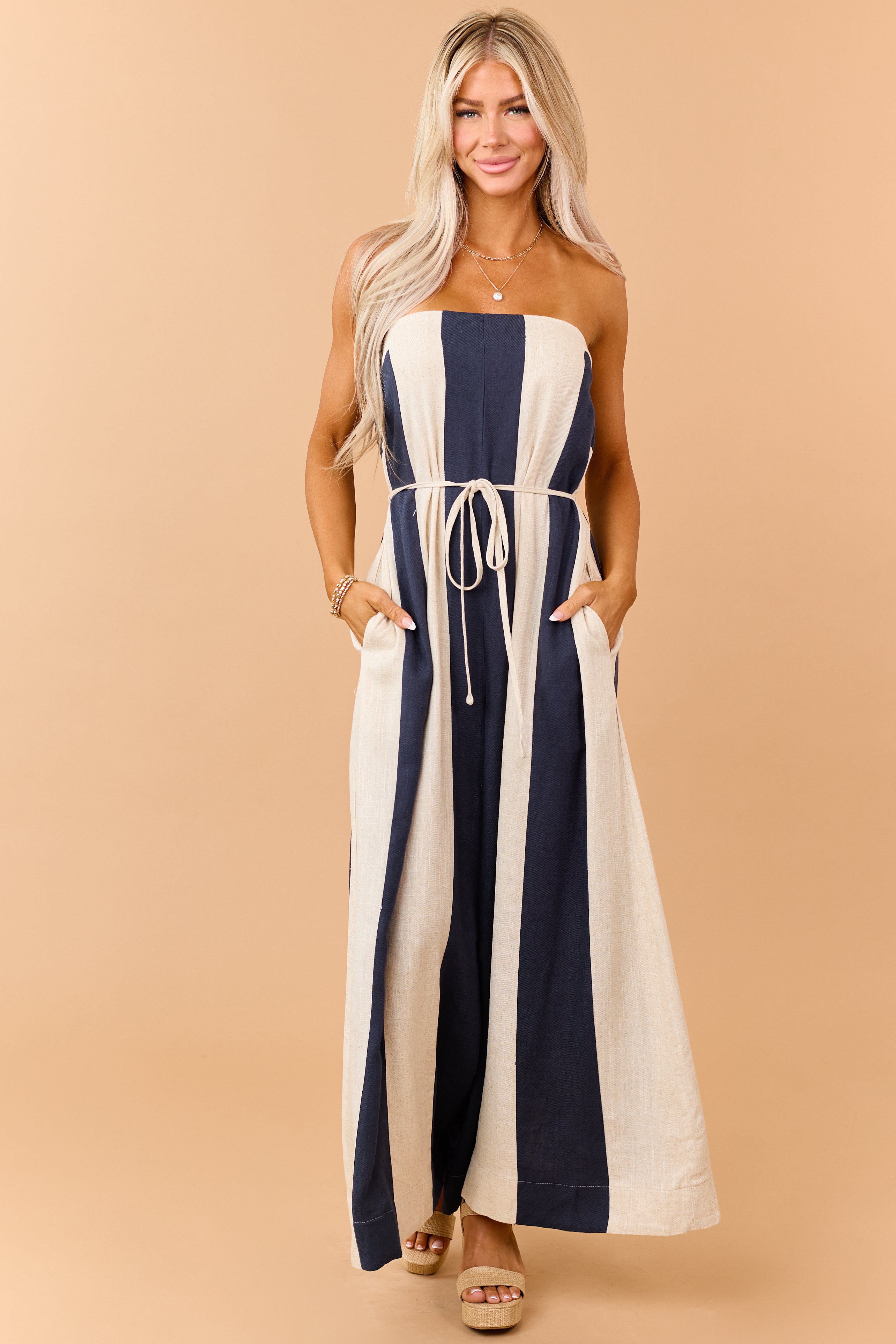 Navy Colorblock Stripe Linen Blend Strapless Jumpsuit